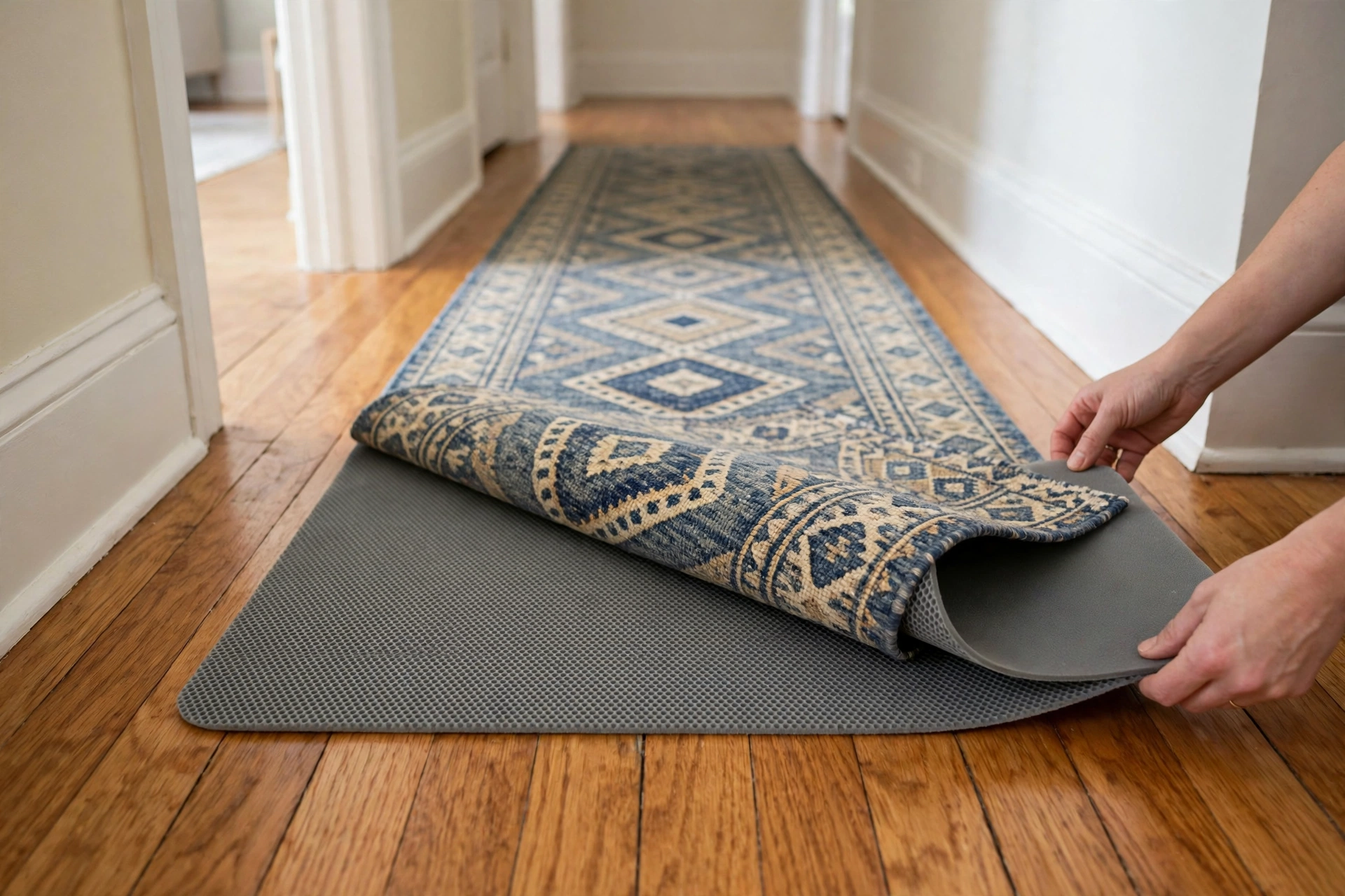 Non-slip rug pad being placed under a hallway runner on hardwood floors
