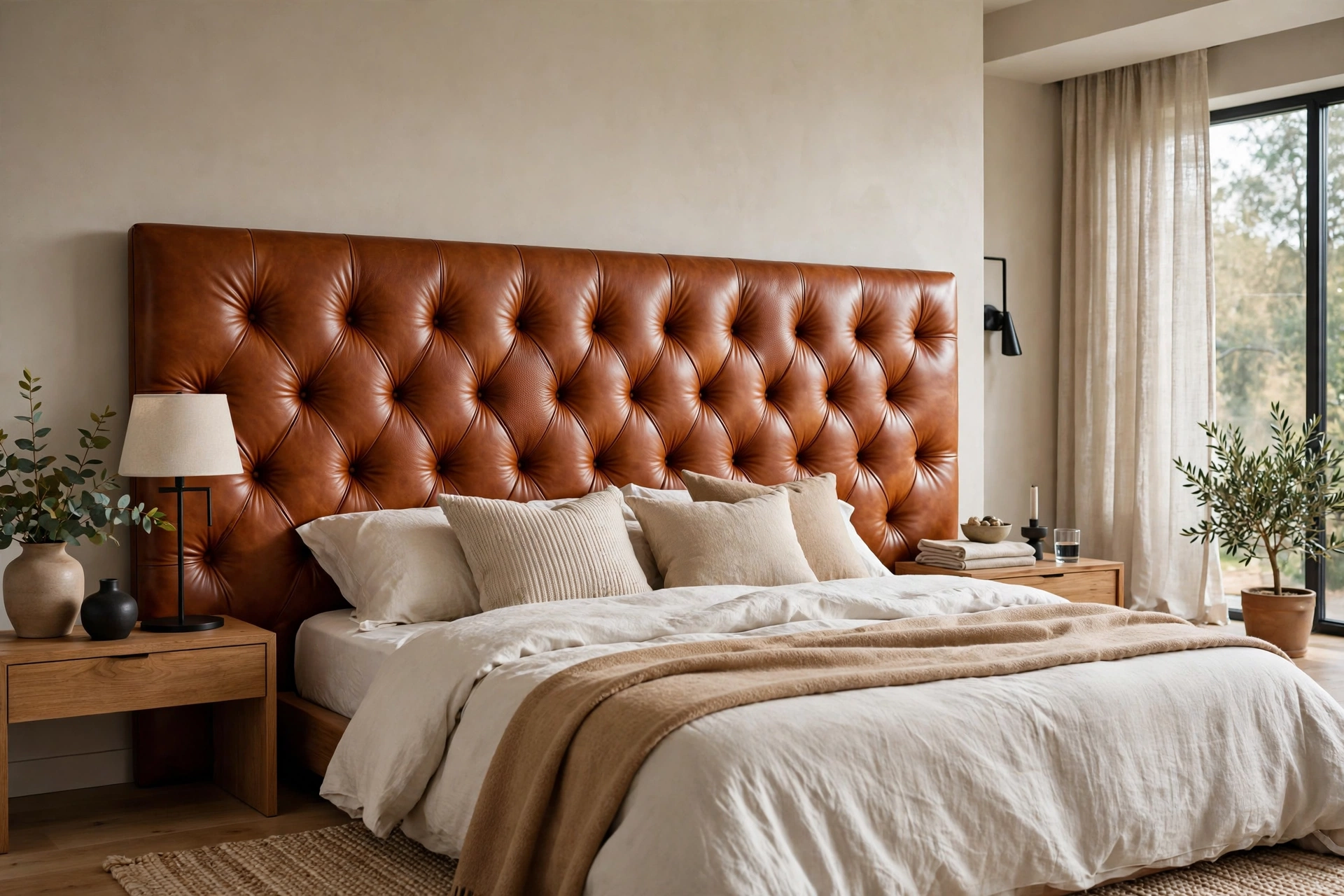 Leather headboard in cognac tone adding polish to a modern bedroom