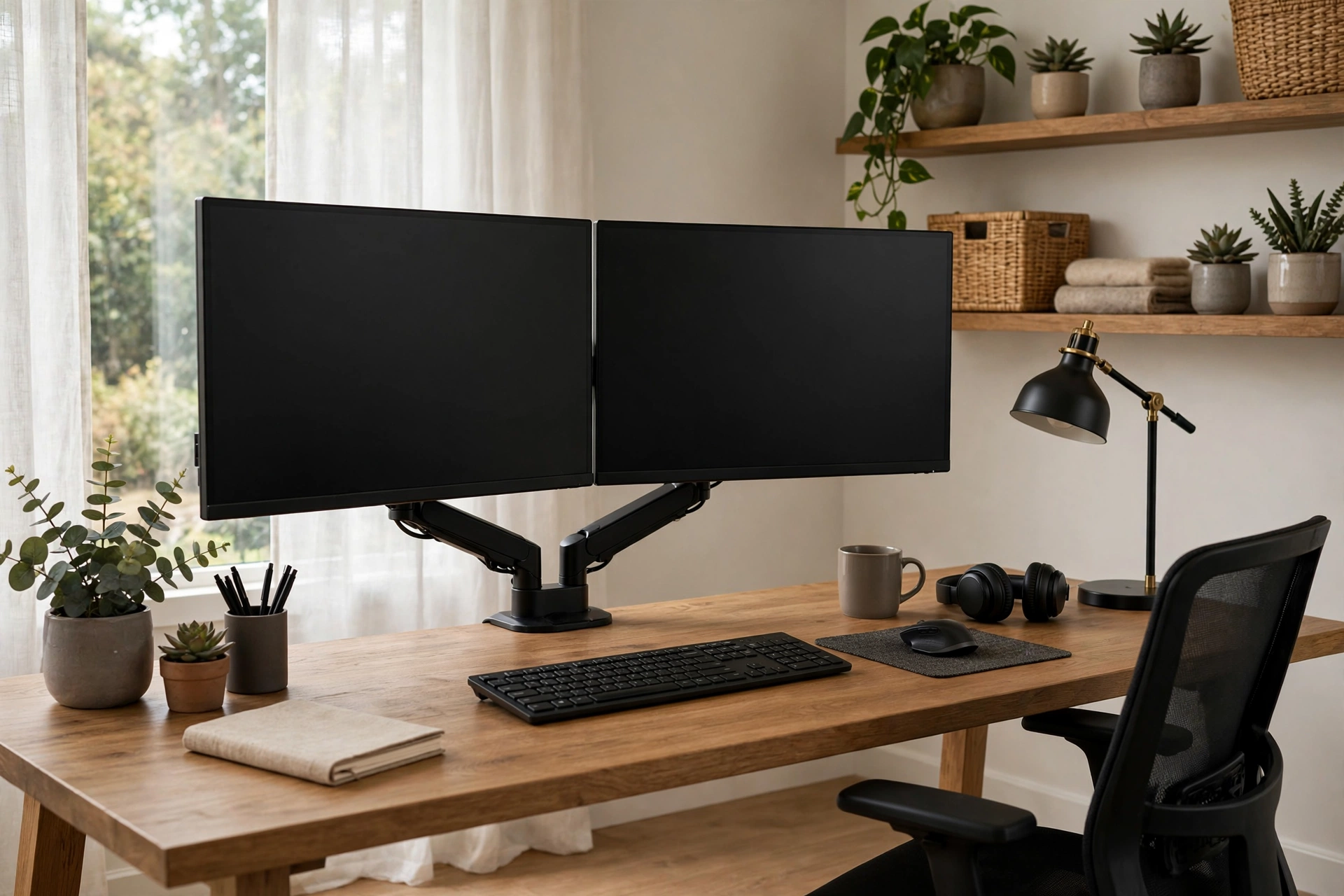 Dual monitor home office setup with matching screens on monitor arm