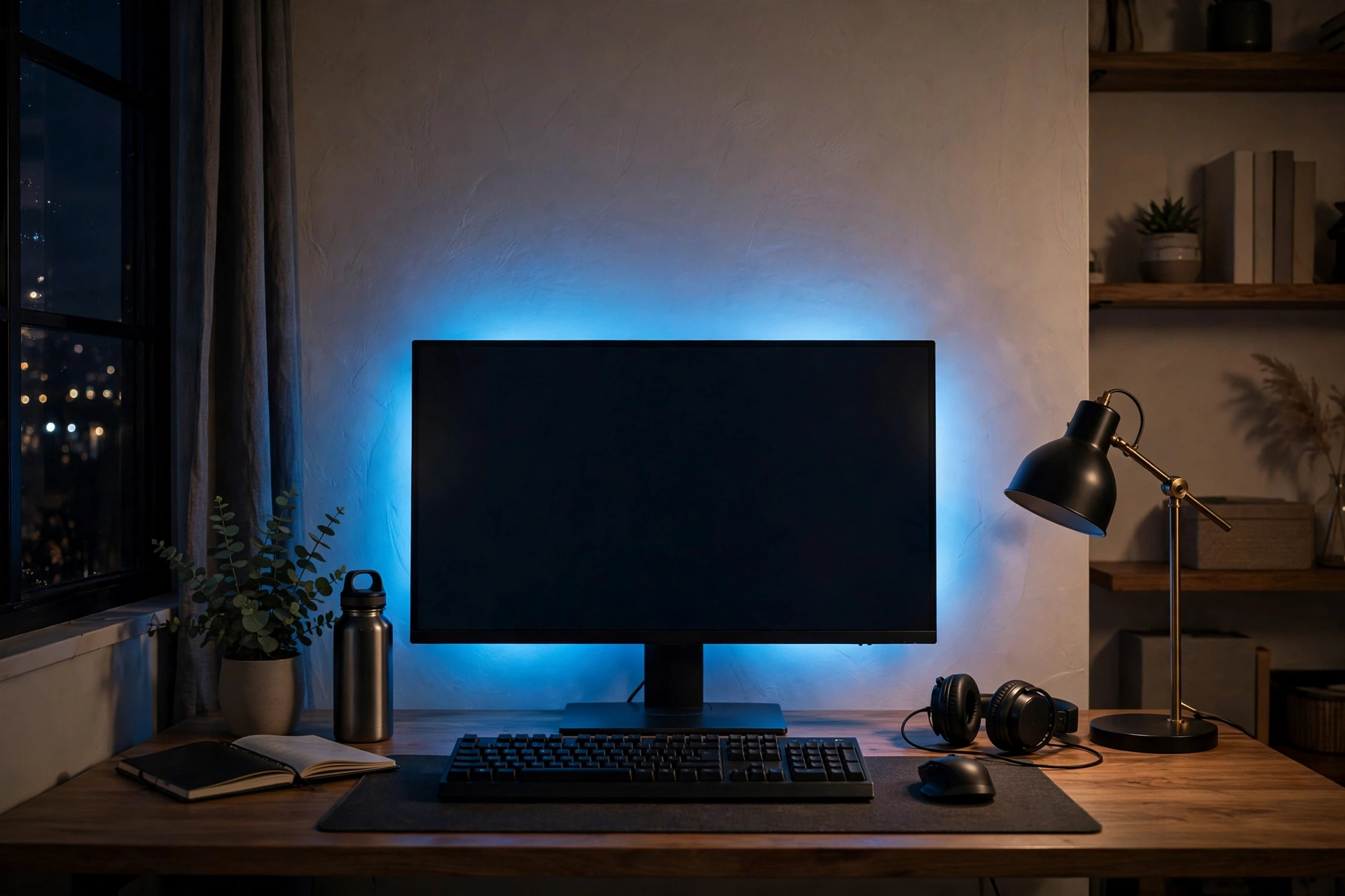 LED bias lighting glowing behind monitor in evening home office setup