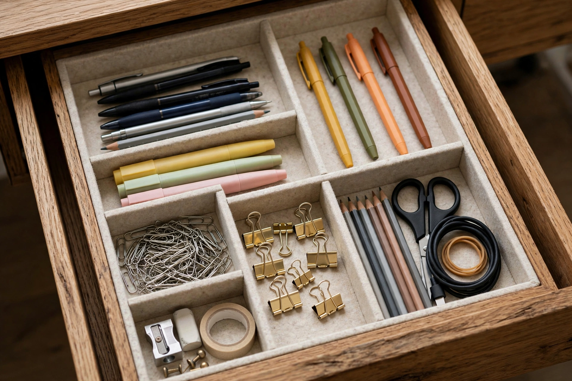 Desk drawer with compartments organizing pens and office supplies