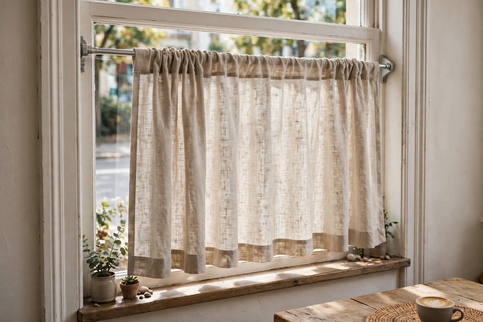 Cafe curtains hung on a no-drill spring tension rod inside a window frame