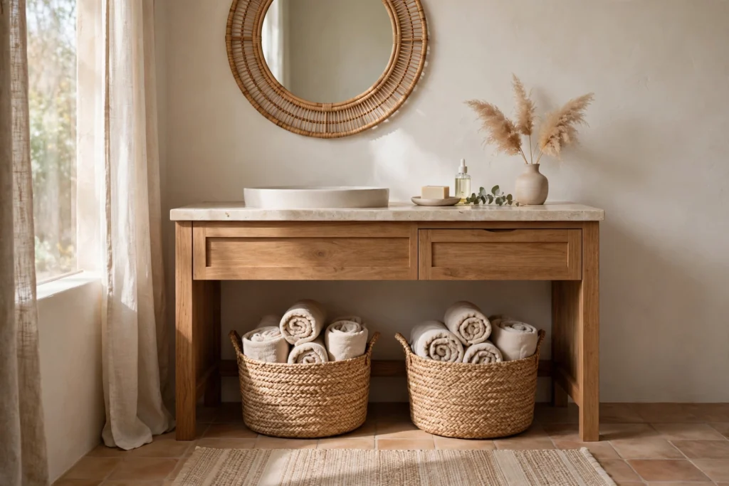 Seagrass baskets with rolled towels under a wood vanity in a boho bathroom