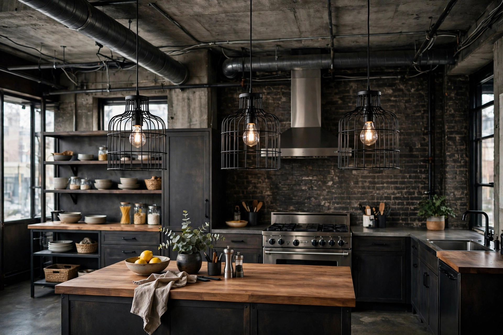 Black metal cage pendant lights in an industrial-style kitchen