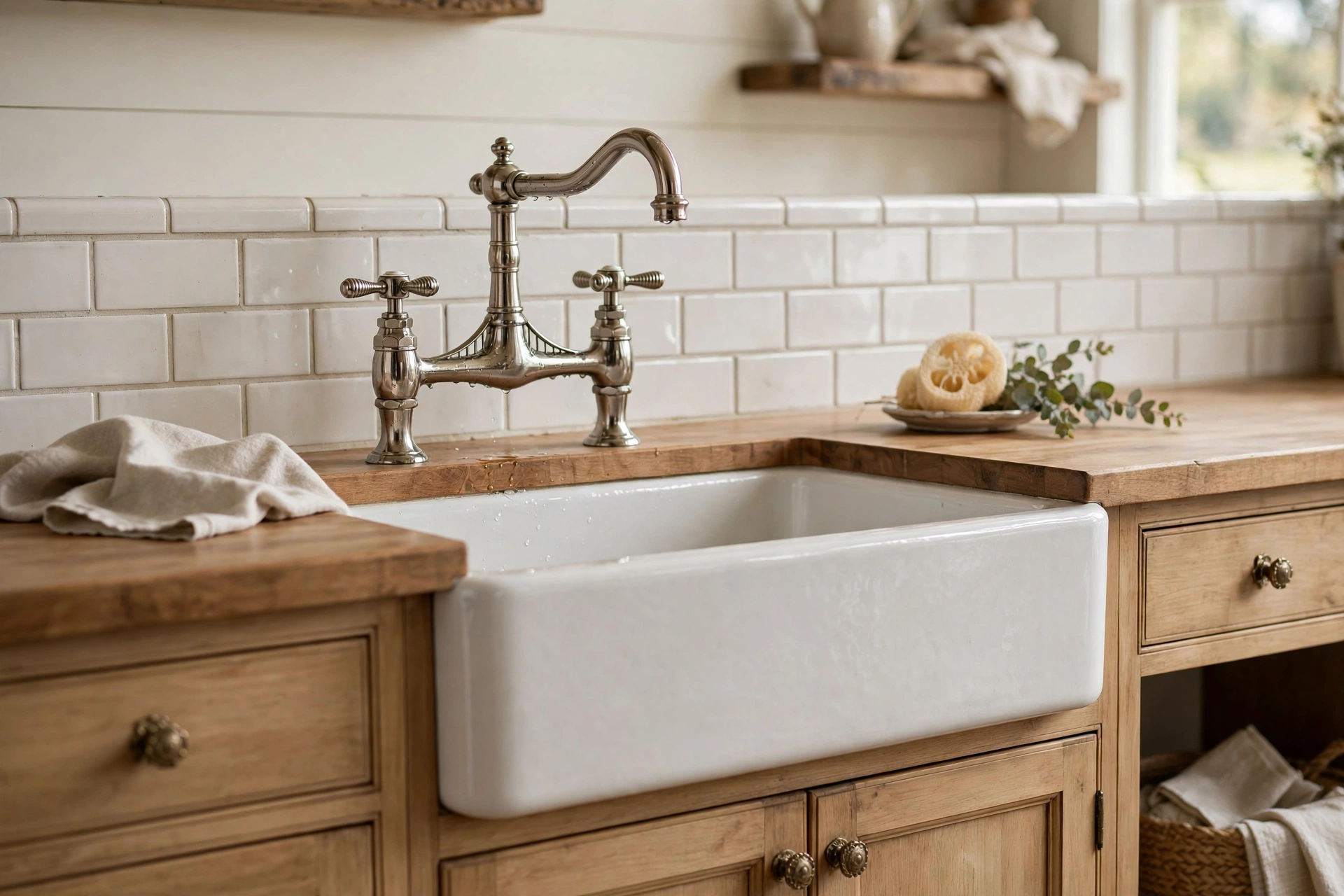 Vintage-style bridge faucet in polished nickel over a farmhouse sink