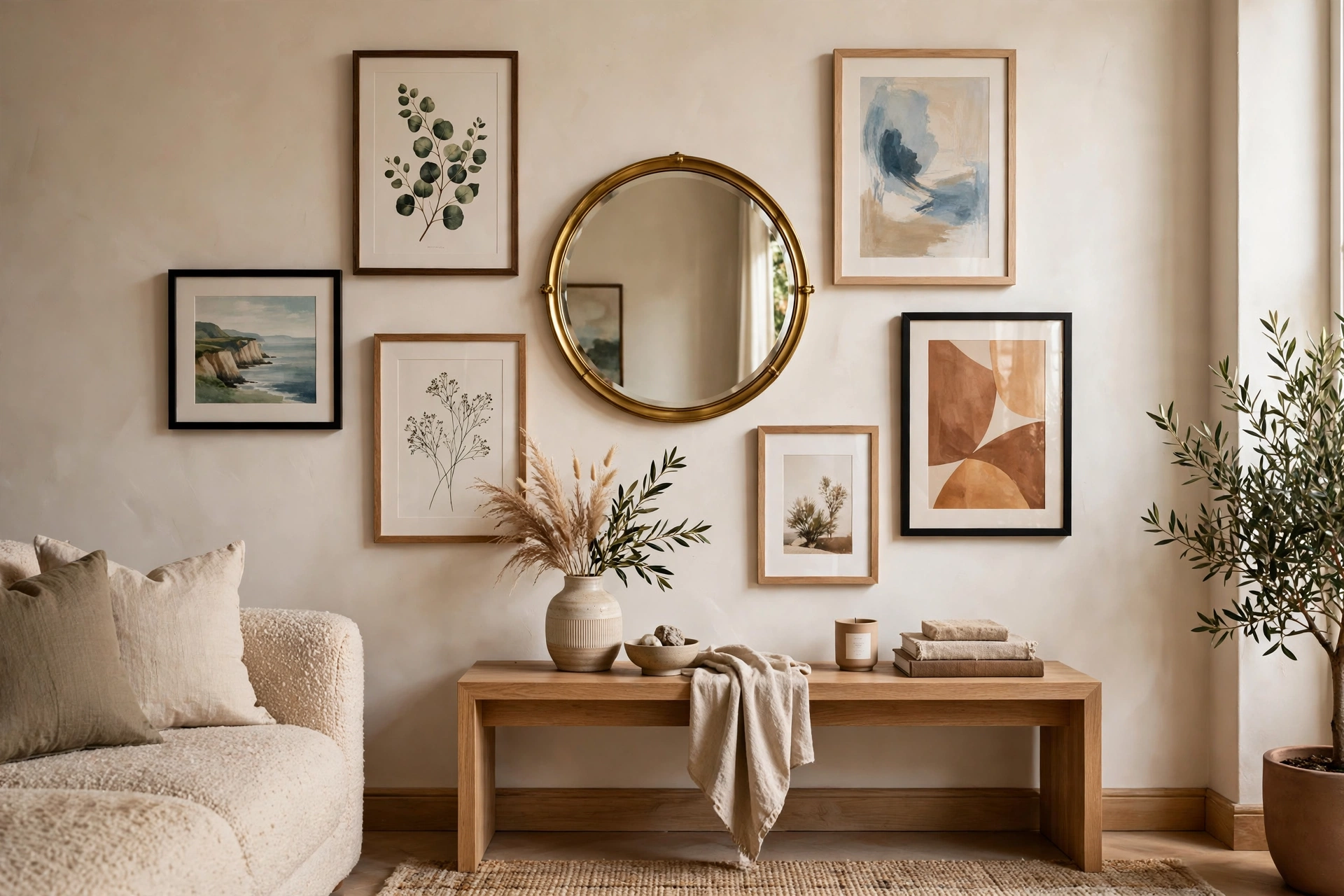 Gallery wall combining framed art with round brass living room mirror