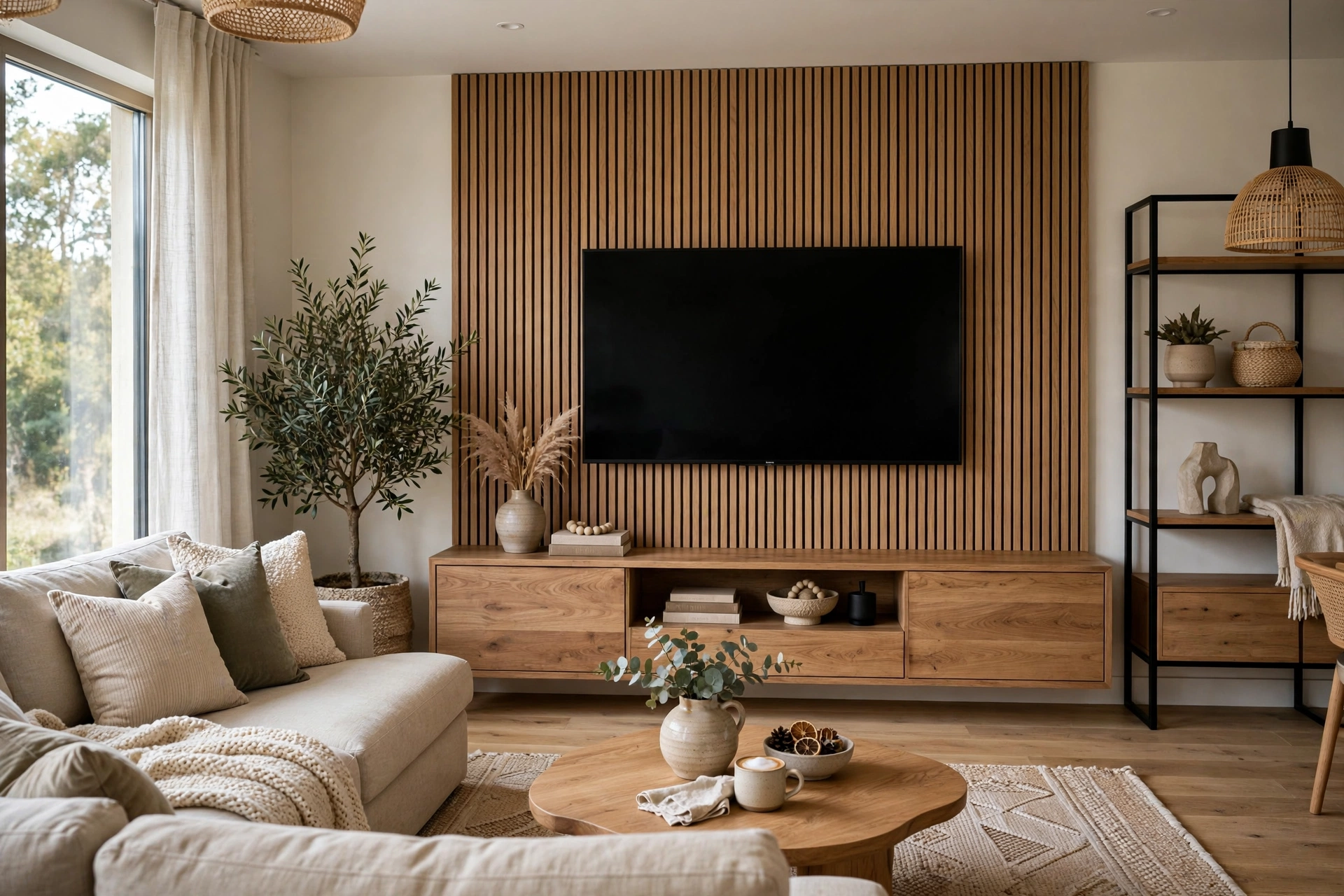 Living room layout built around a wall-mounted TV and console