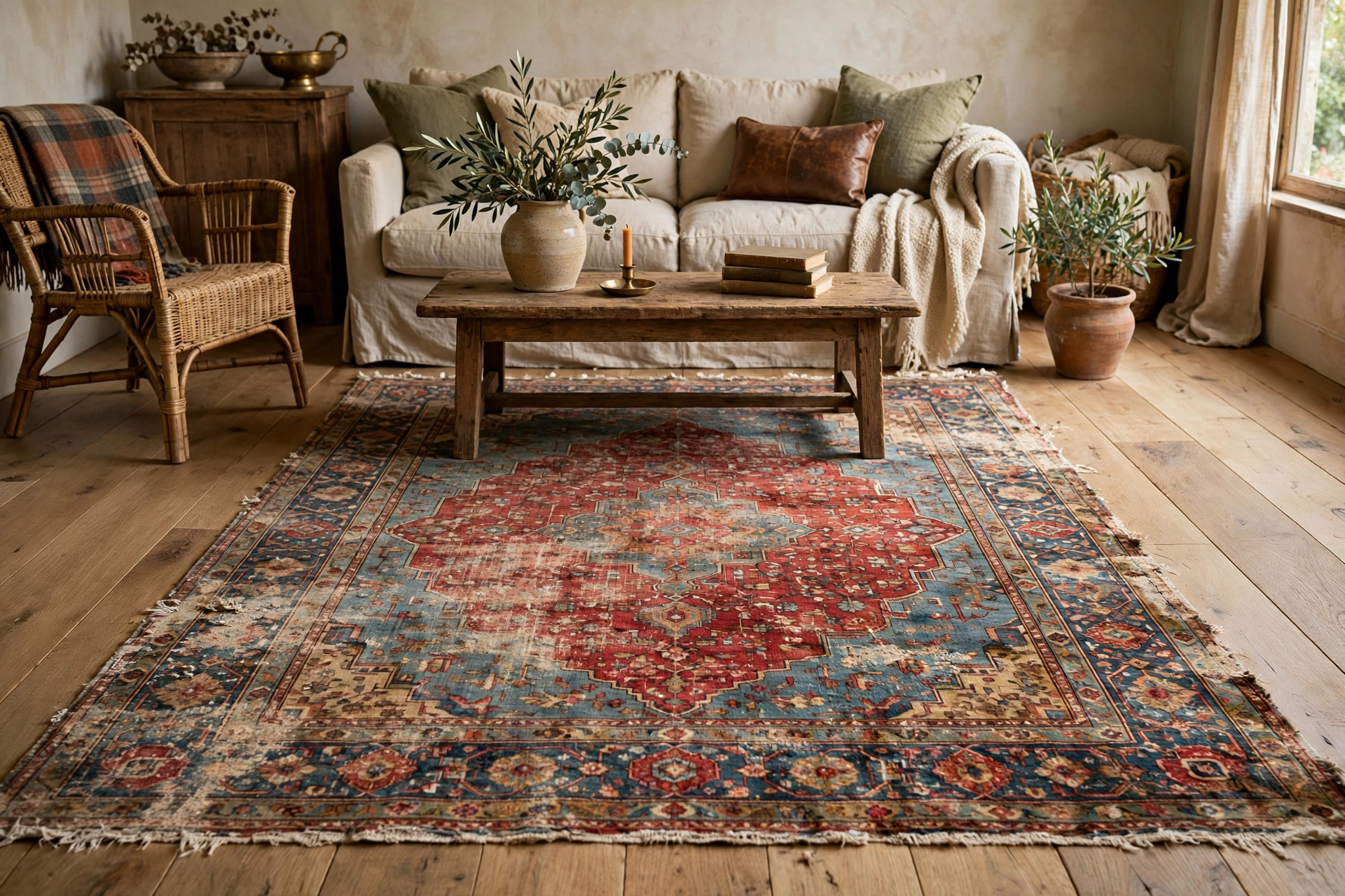 Vintage Persian living room rug with distressed pattern and character