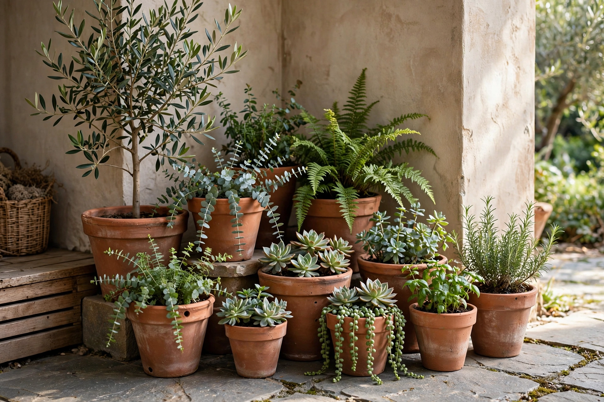 Grouped terracotta pots with lush plants on patio corner