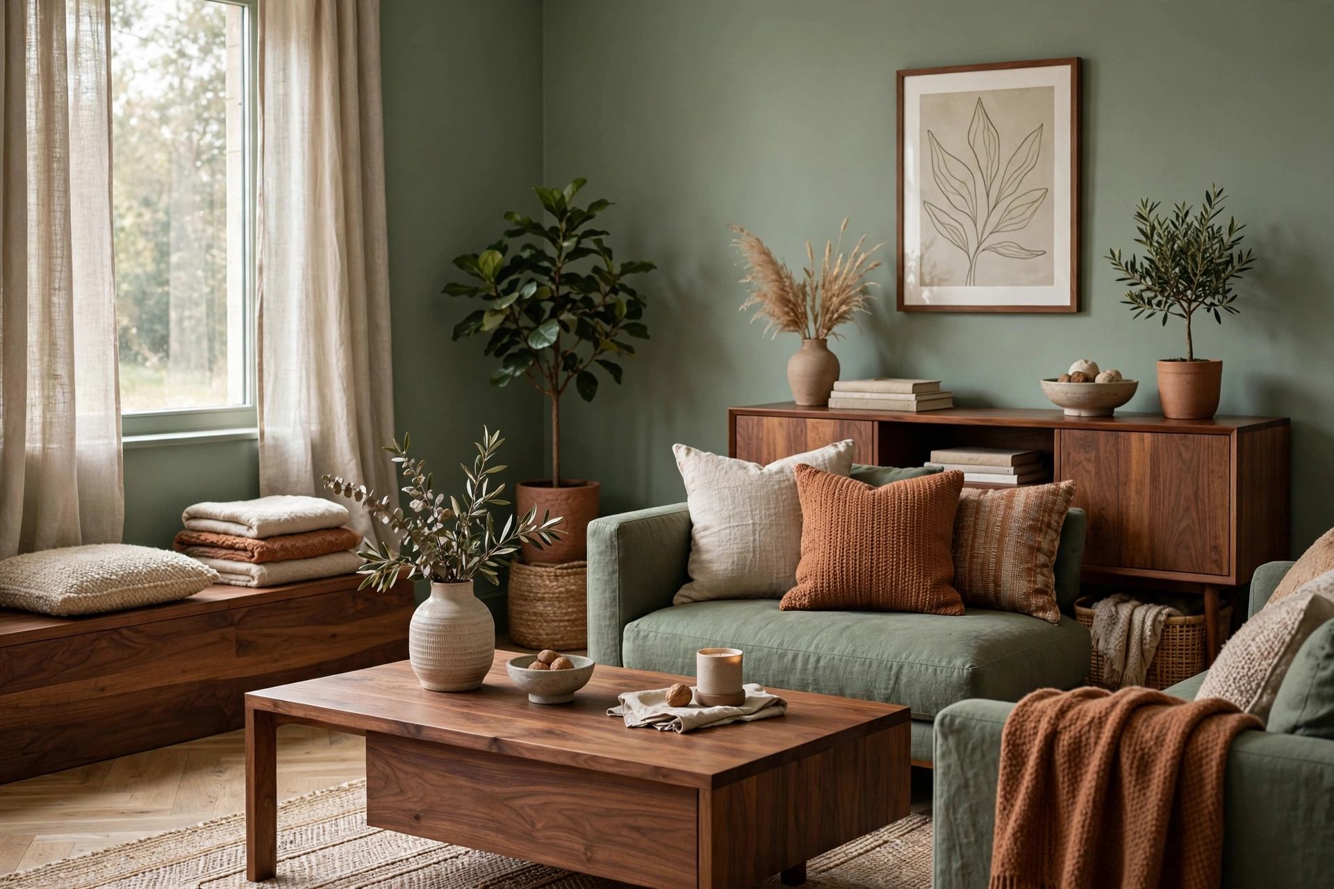 Sage green living room paired with warm walnut wood furniture