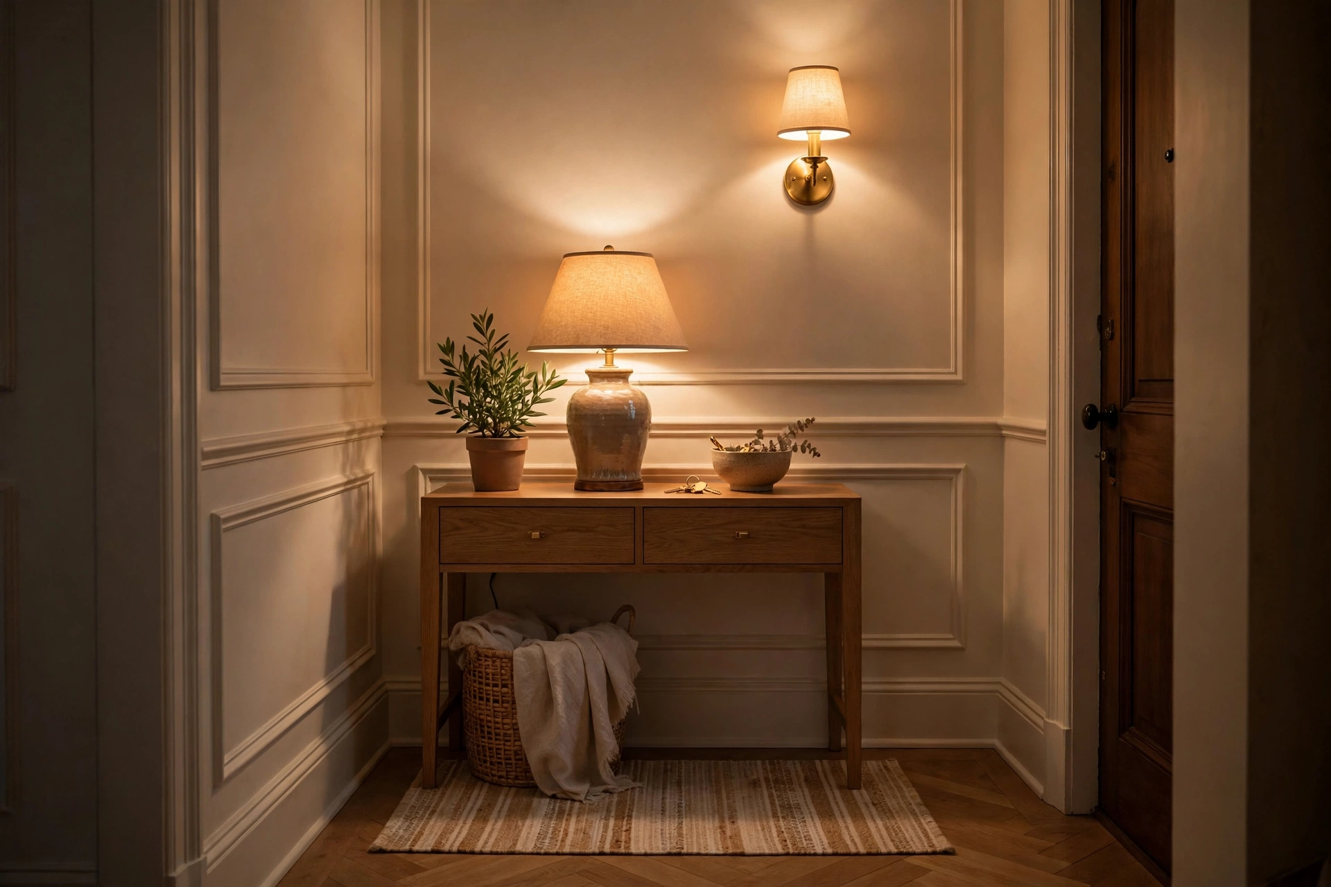 Warm table lamp and sconce lighting small entryway console