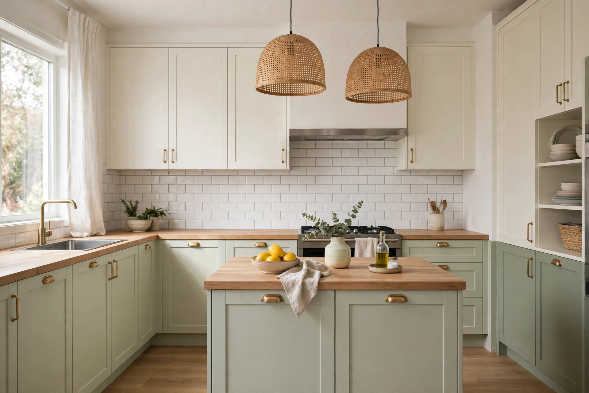 Soft pastel two-tone kitchen with pale sage and creamy white cabinets
