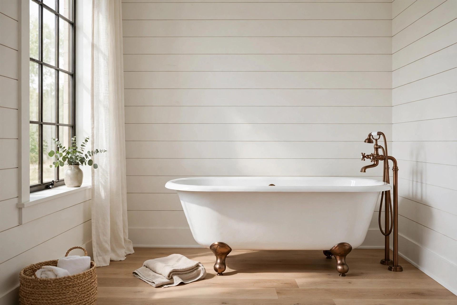 White clawfoot tub with bronze floor filler in a shiplap farmhouse bathroom