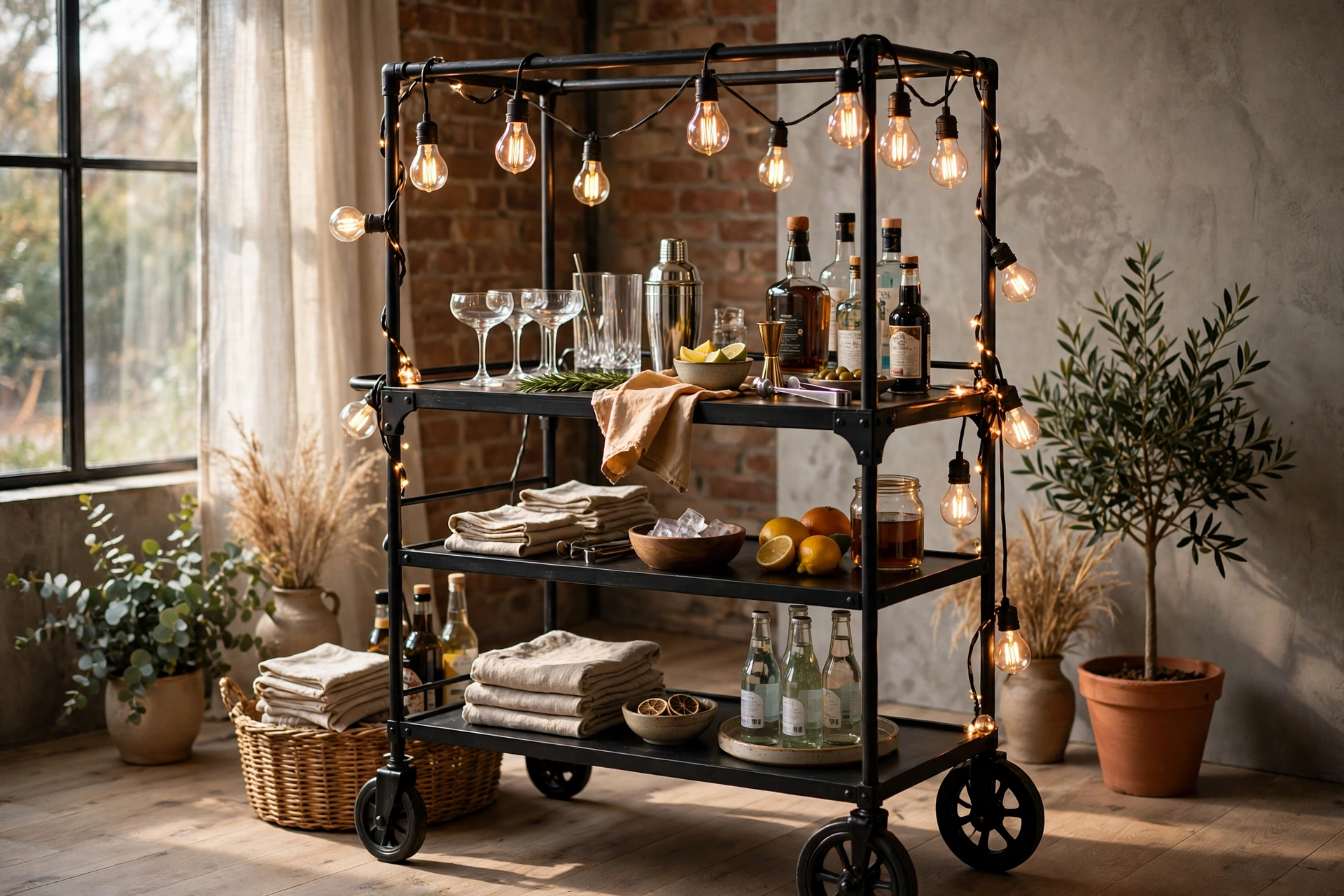Industrial Bar Cart With Black Metal Frame And Edison Bulb Lights