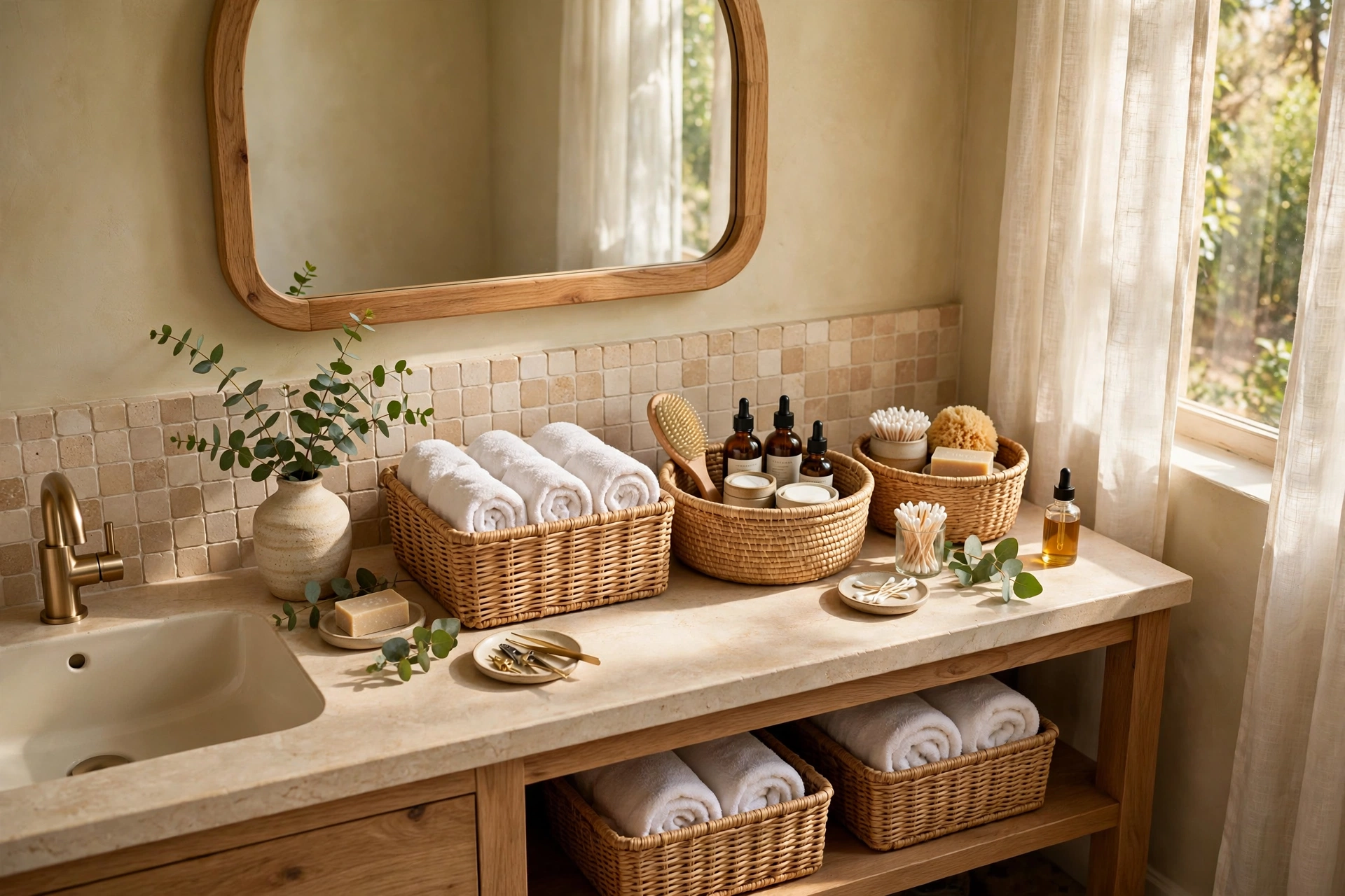 Woven Baskets Taming Bathroom Counter Clutter