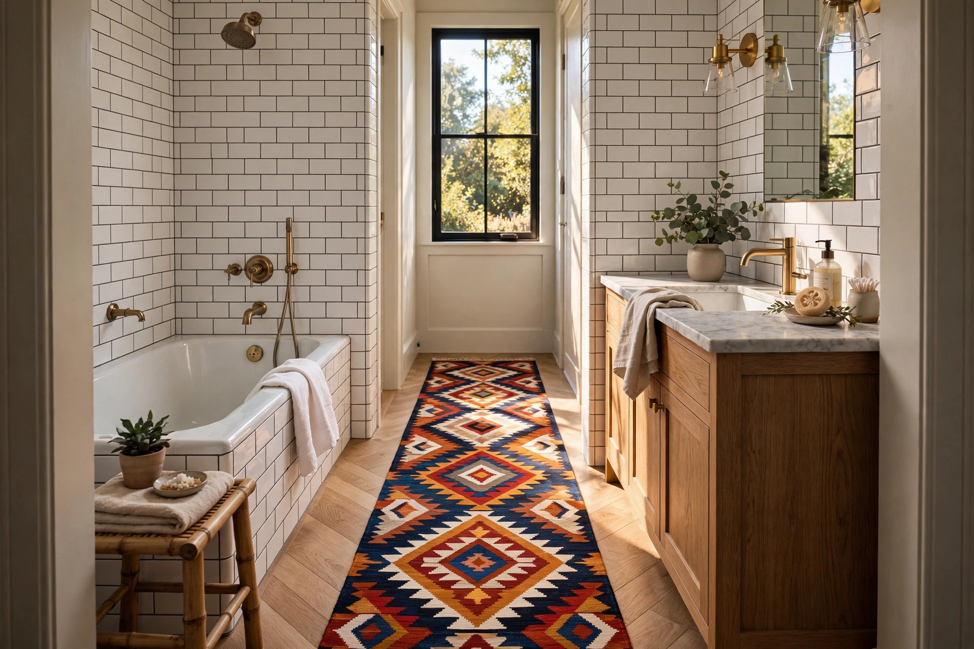 Bold Patterned Runner Stretching Down A Narrow Bathroom