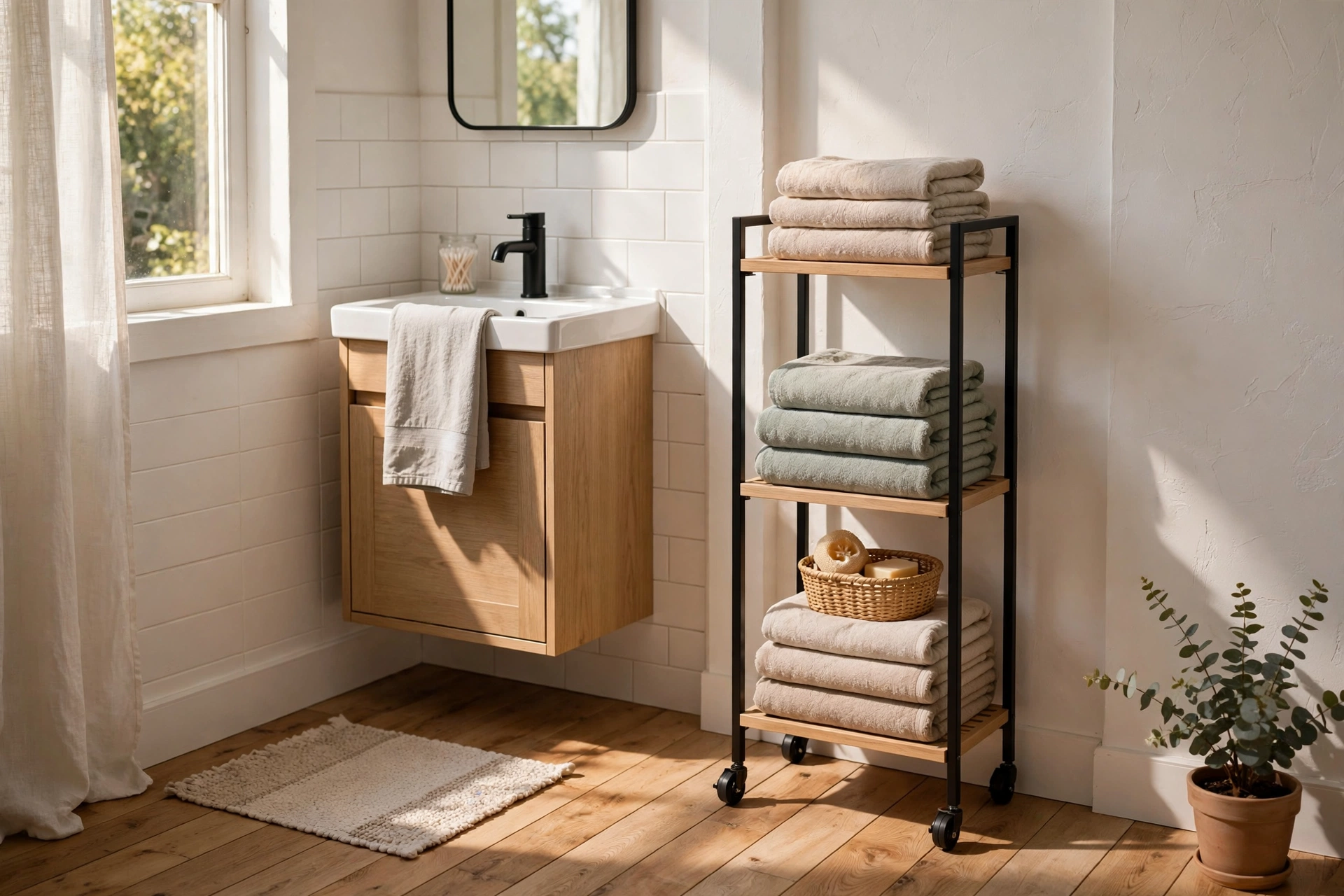 Slim Rolling Storage Cart With Folded Towels In A Small Bathroom