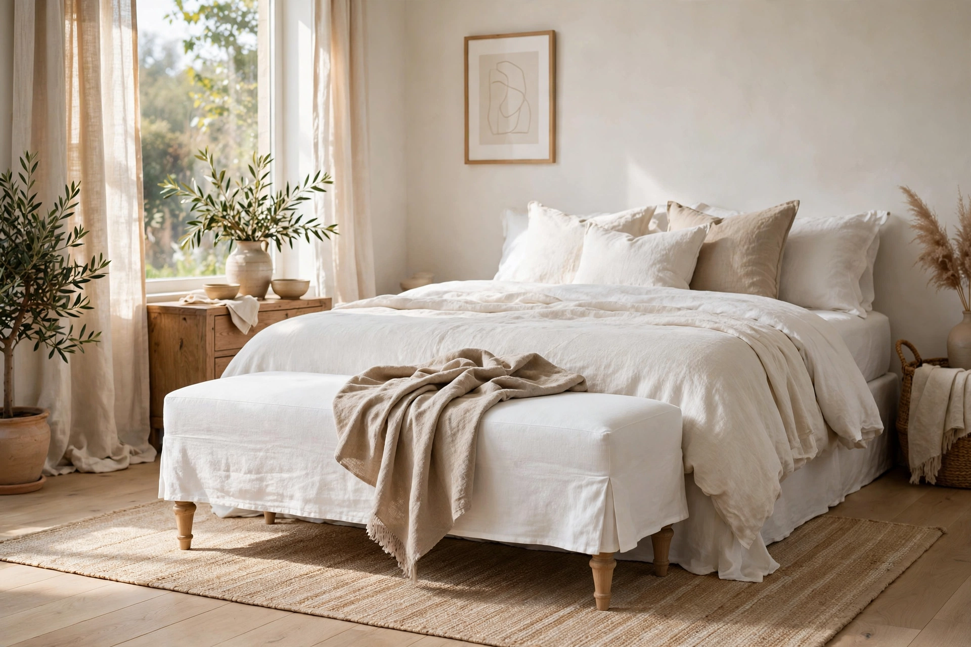 White Linen Slipcovered Bench with Casual Drape in Airy Bedroom