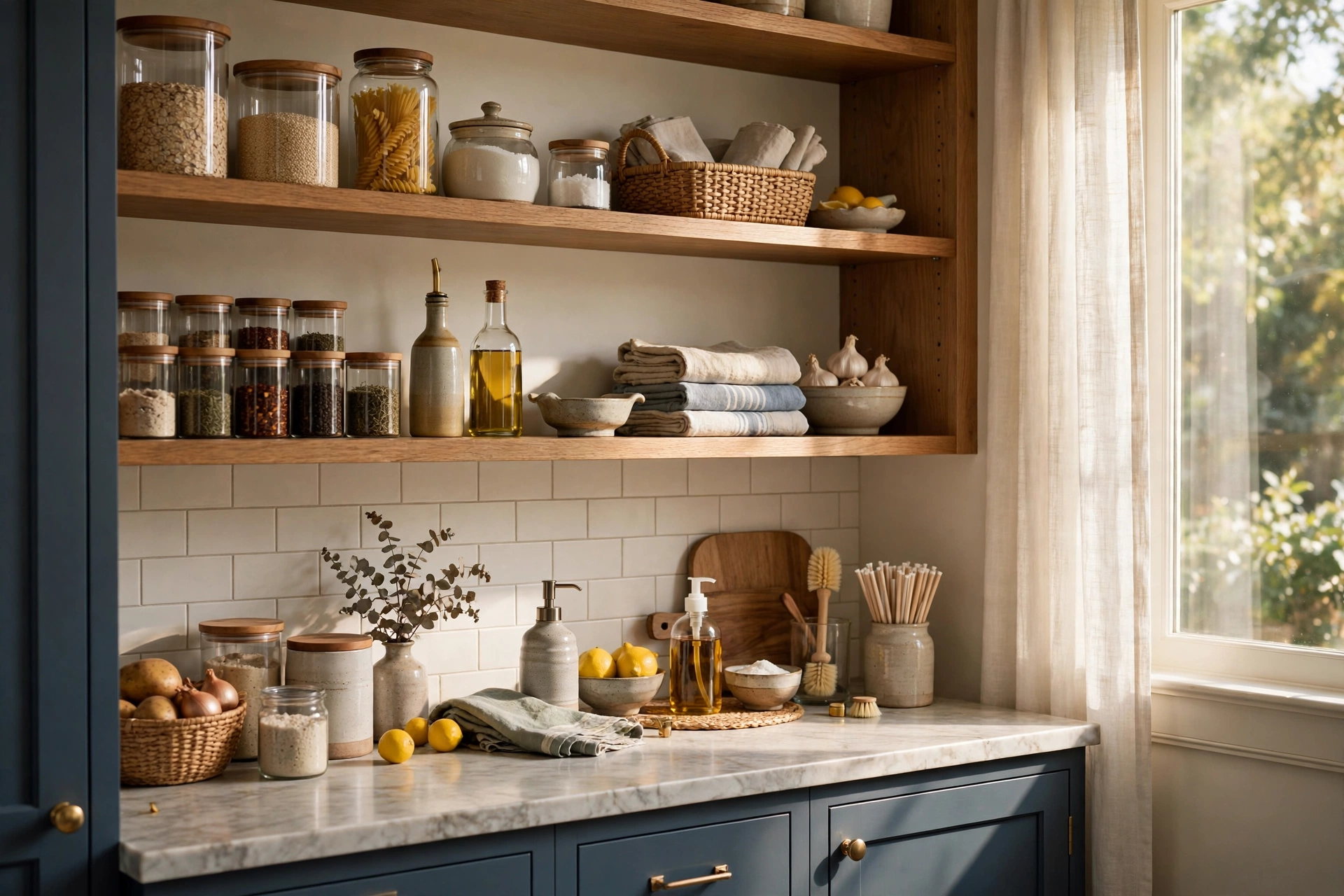 Open Shelving With Everyday Essentials In A Butler's Pantry