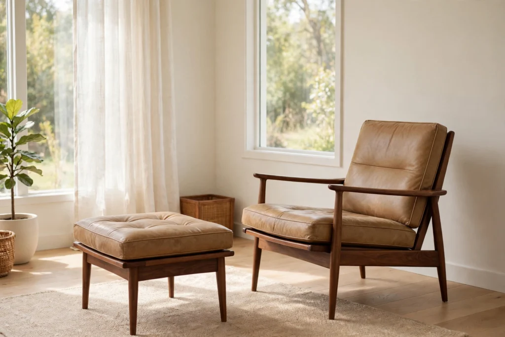 Walnut and leather lounge chair with ottoman in a bright mid-century living room corner