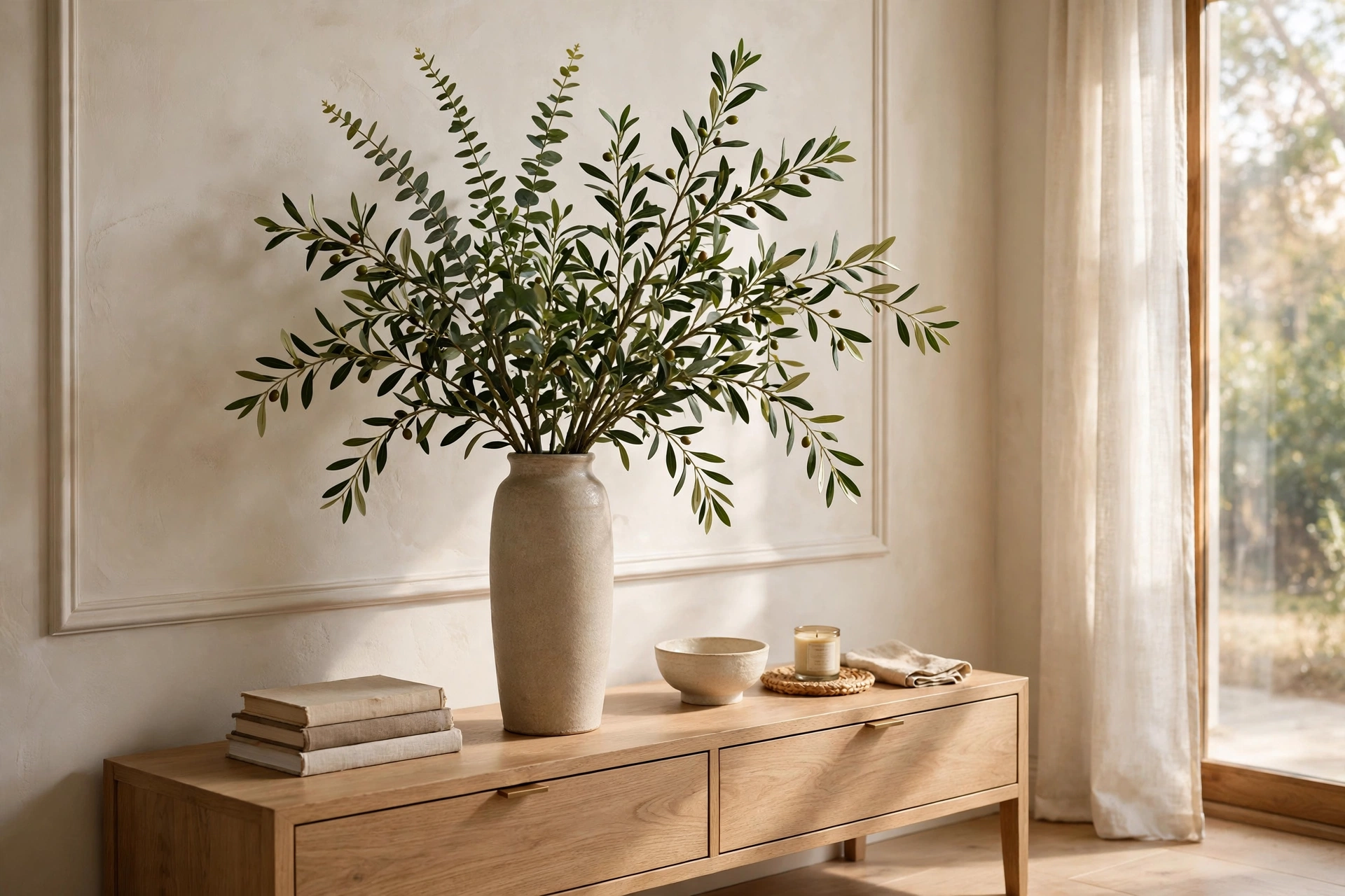 Tall Vase With Fresh Greenery Branches On A Console Table