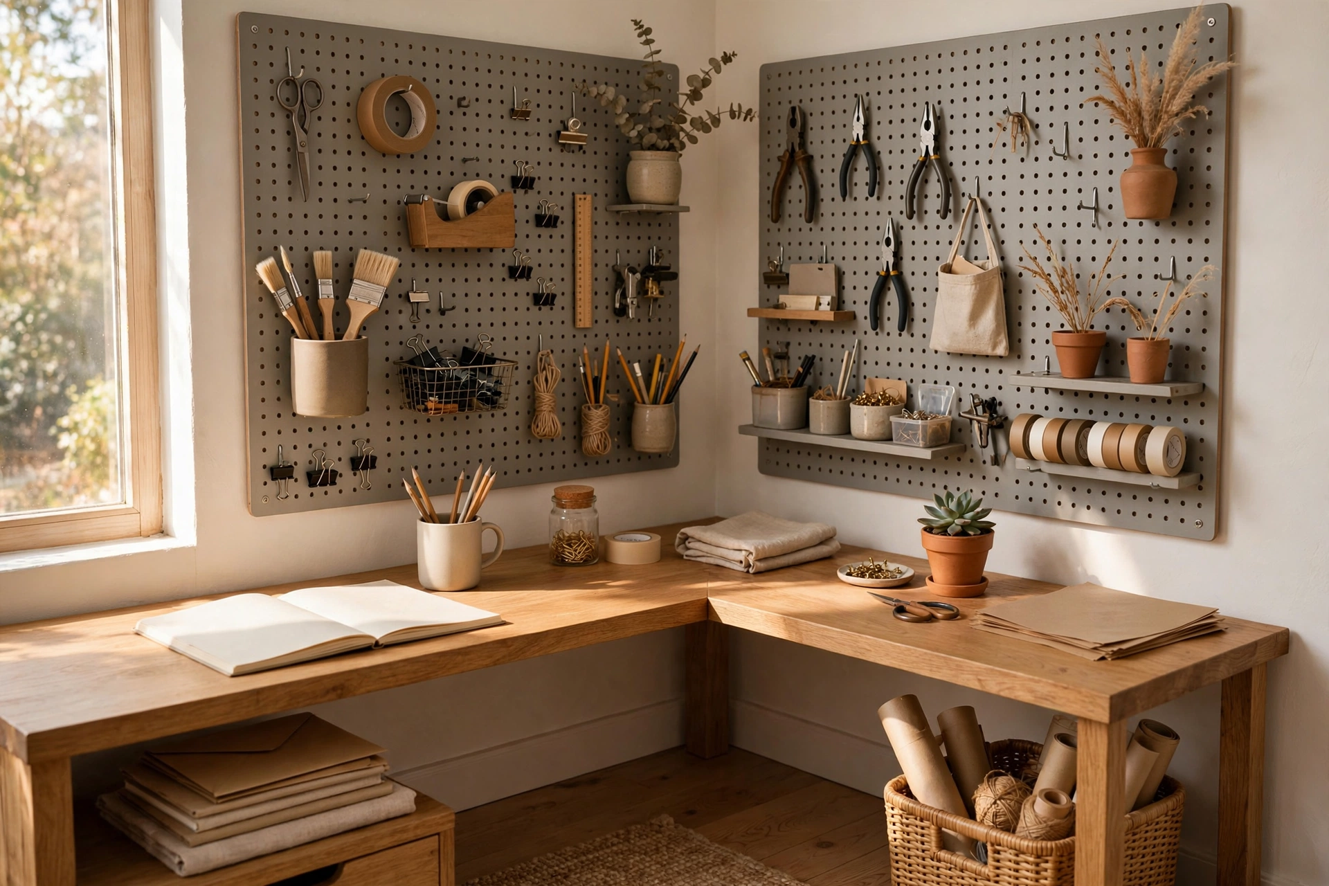 Corner Desk With A Pegboard Wall Organizing Tools And Supplies