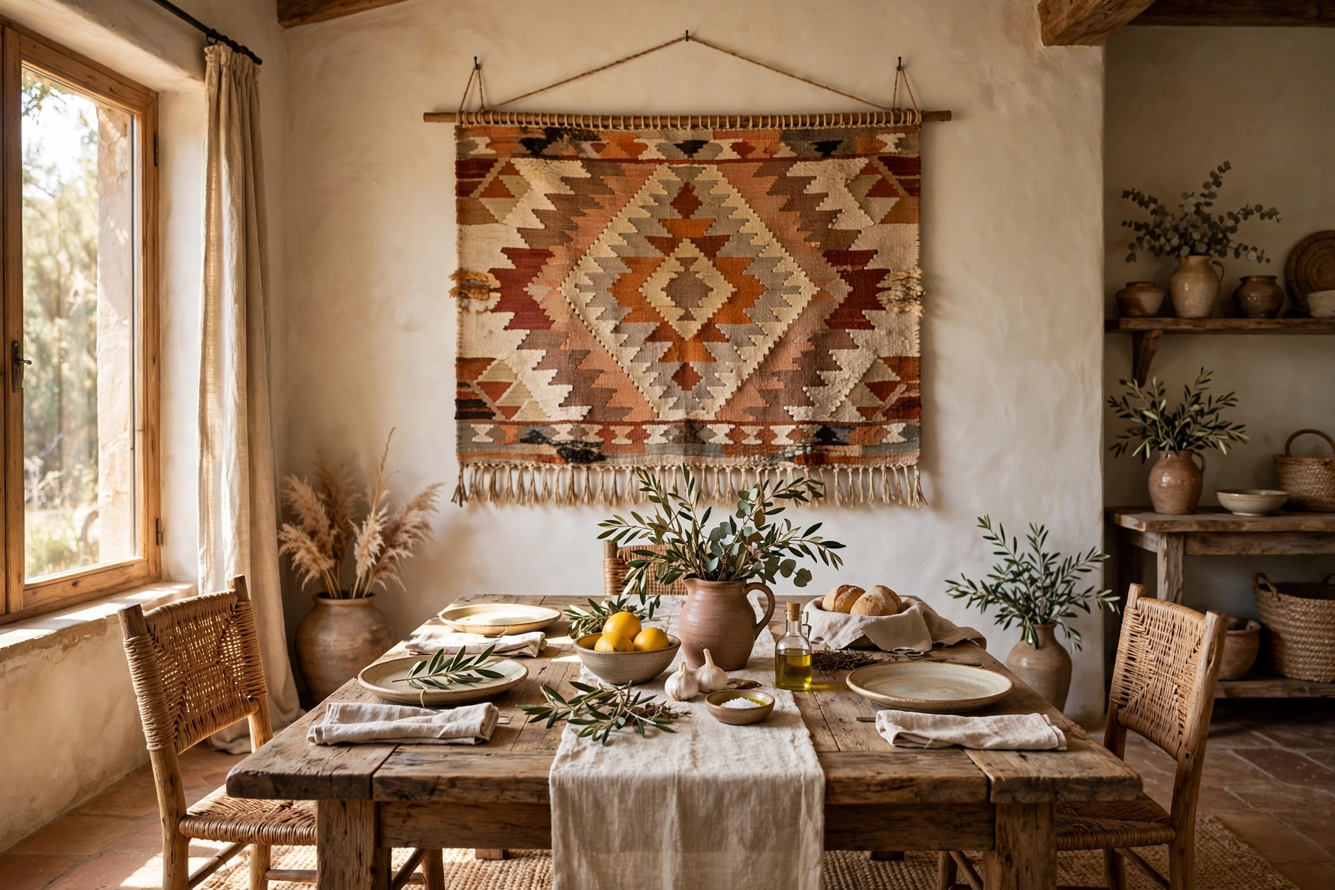 Woven Tapestry Hanging Above a Rustic Dining Room Table
