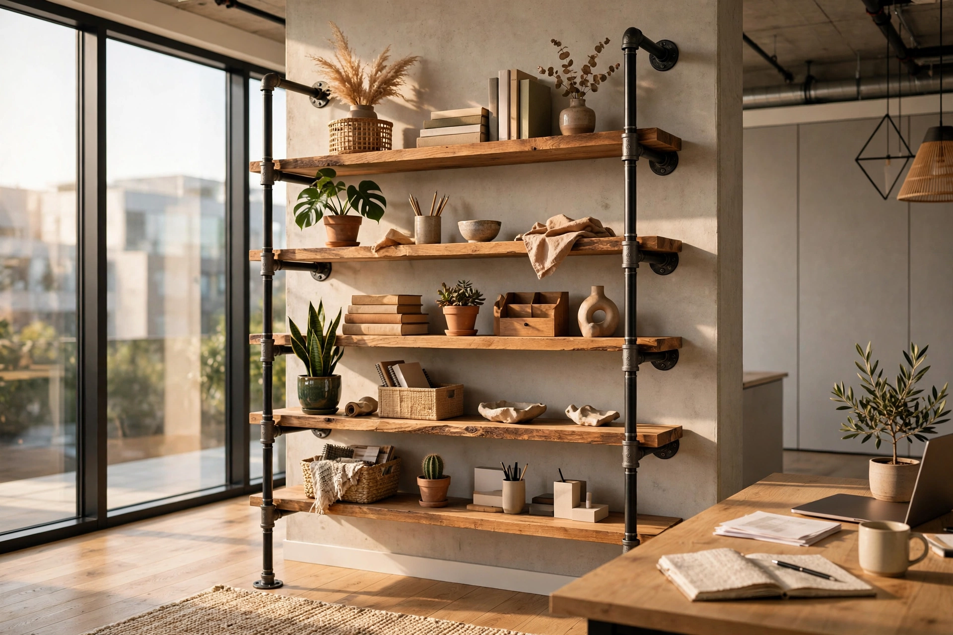 Industrial Pipe Shelving With Wooden Planks In A Modern Office