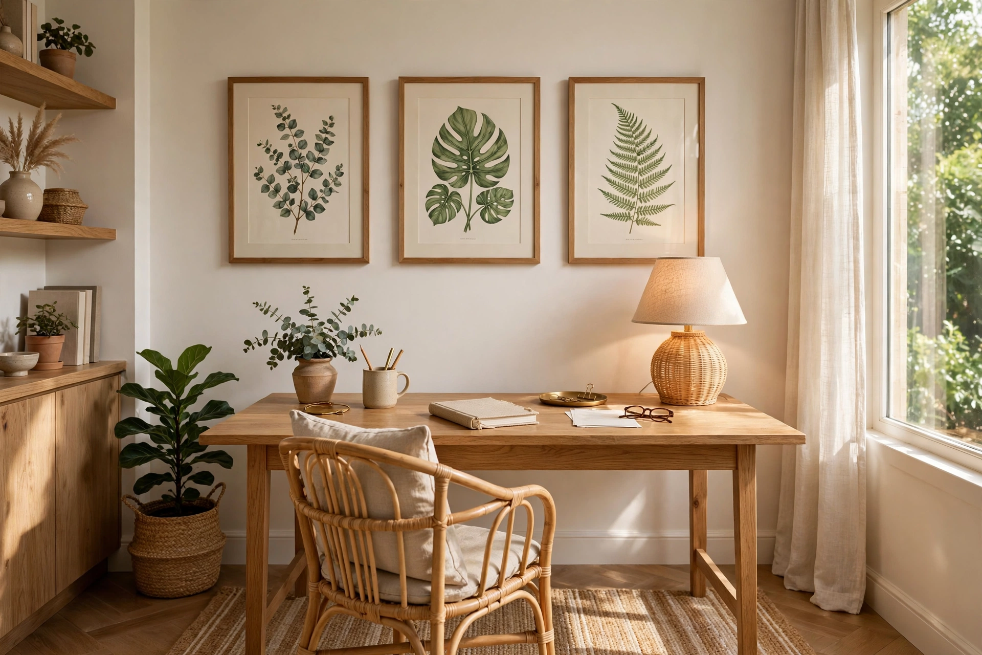 Home Office With Botanical Leaf Prints On Wall