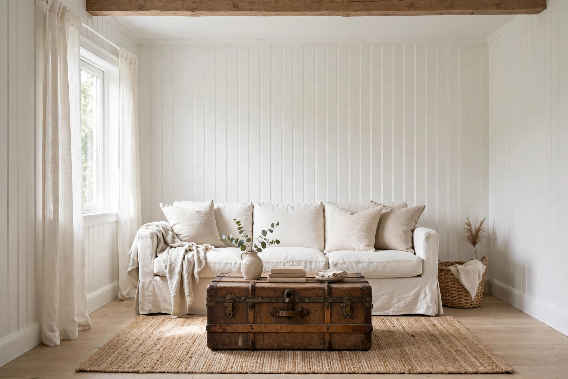 White beadboard wall paneling in a cottage living room with slipcovered sofa