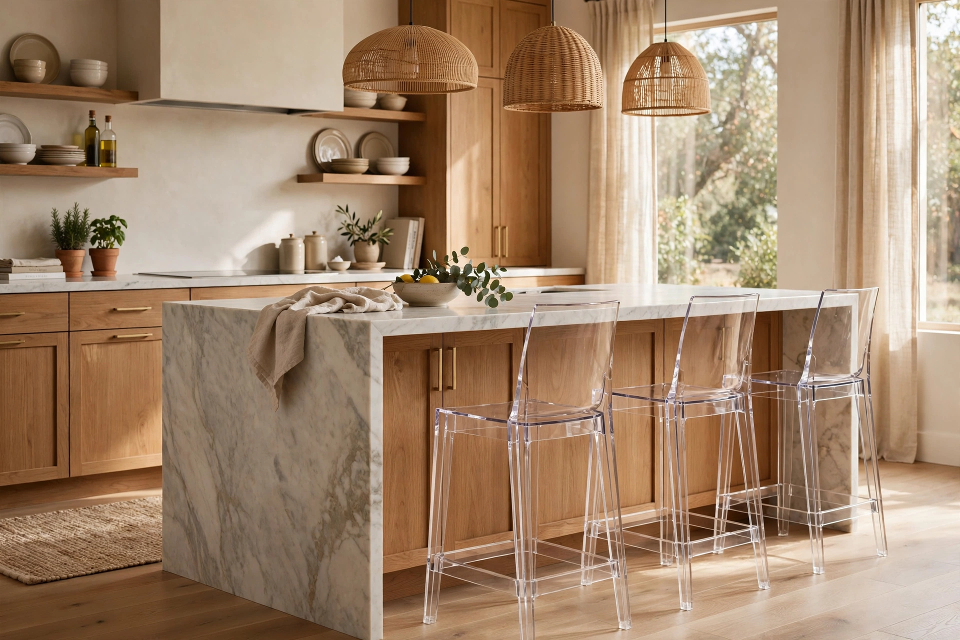 Kitchen Island With Acrylic Stools That Visually Disappear