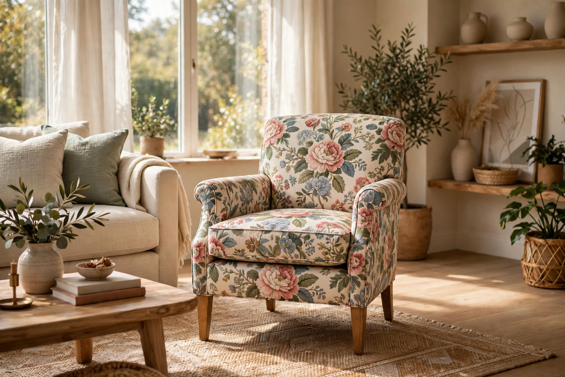 Floral Patterned Accent Chair As A Living Room Focal Point