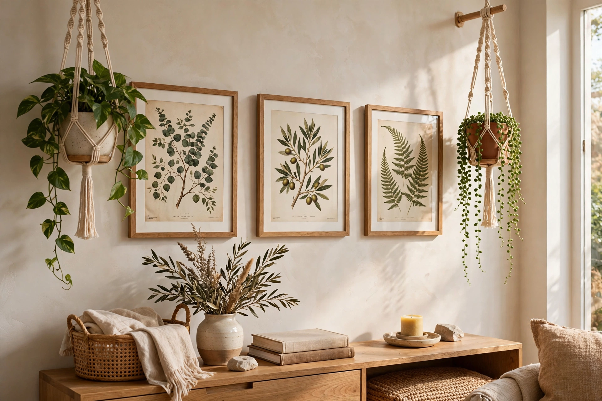 Living Room Wall With Framed Botanical Prints And Hanging Plants