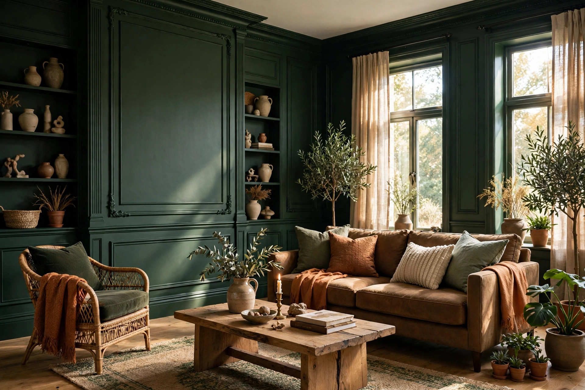 Color Drenched Dark Green Wall Molding In A Moody Living Room