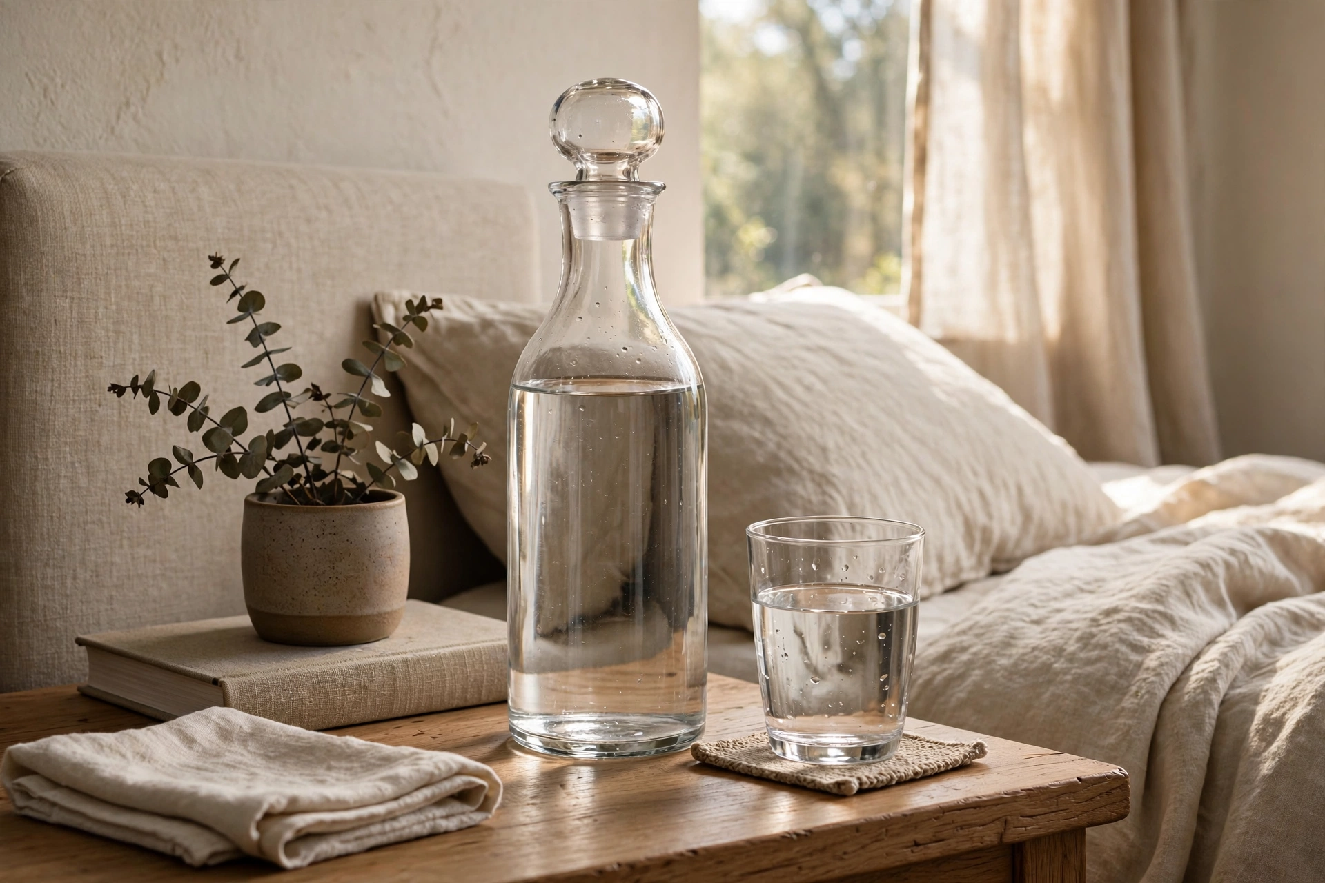 Glass Water Carafe And Tumbler On Bedside Table
