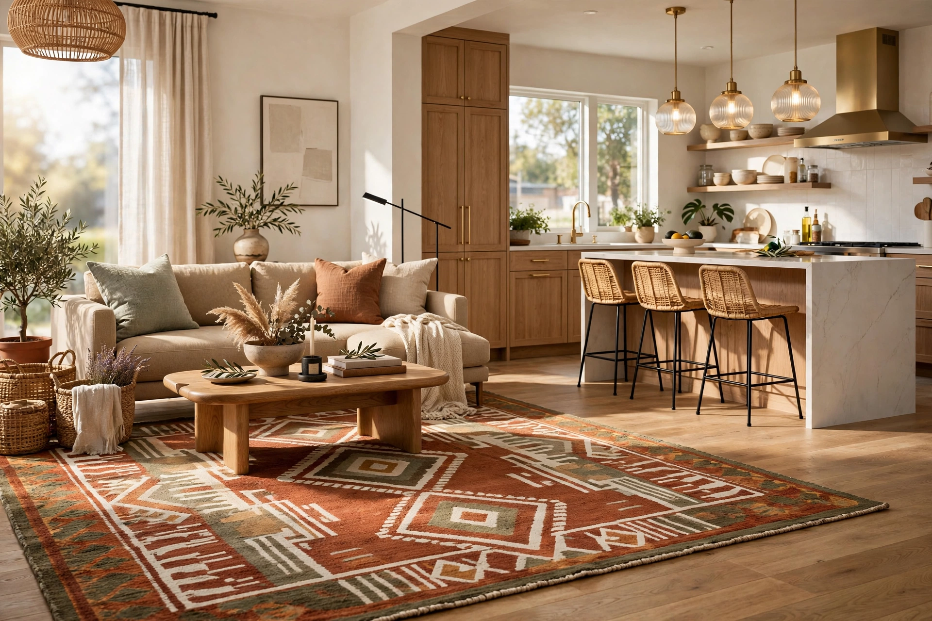 Statement Area Rug Anchoring The Living Room Beside An Open Kitchen