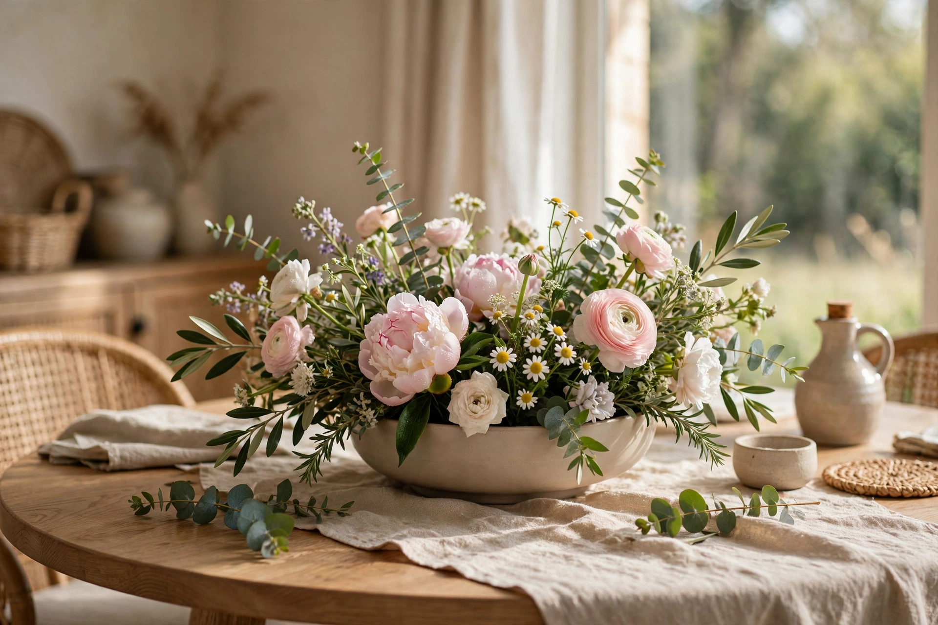 Low Bowl of Fresh Flowers as a Round Table Centerpiece