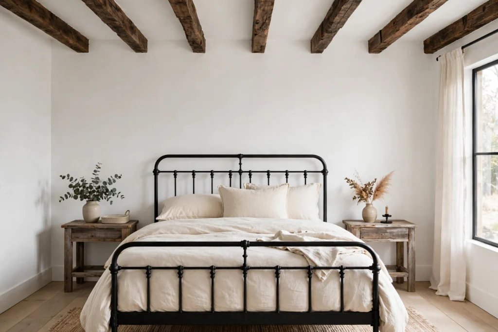 Farmhouse bedroom with exposed wooden ceiling beams, white walls and a black iron bed