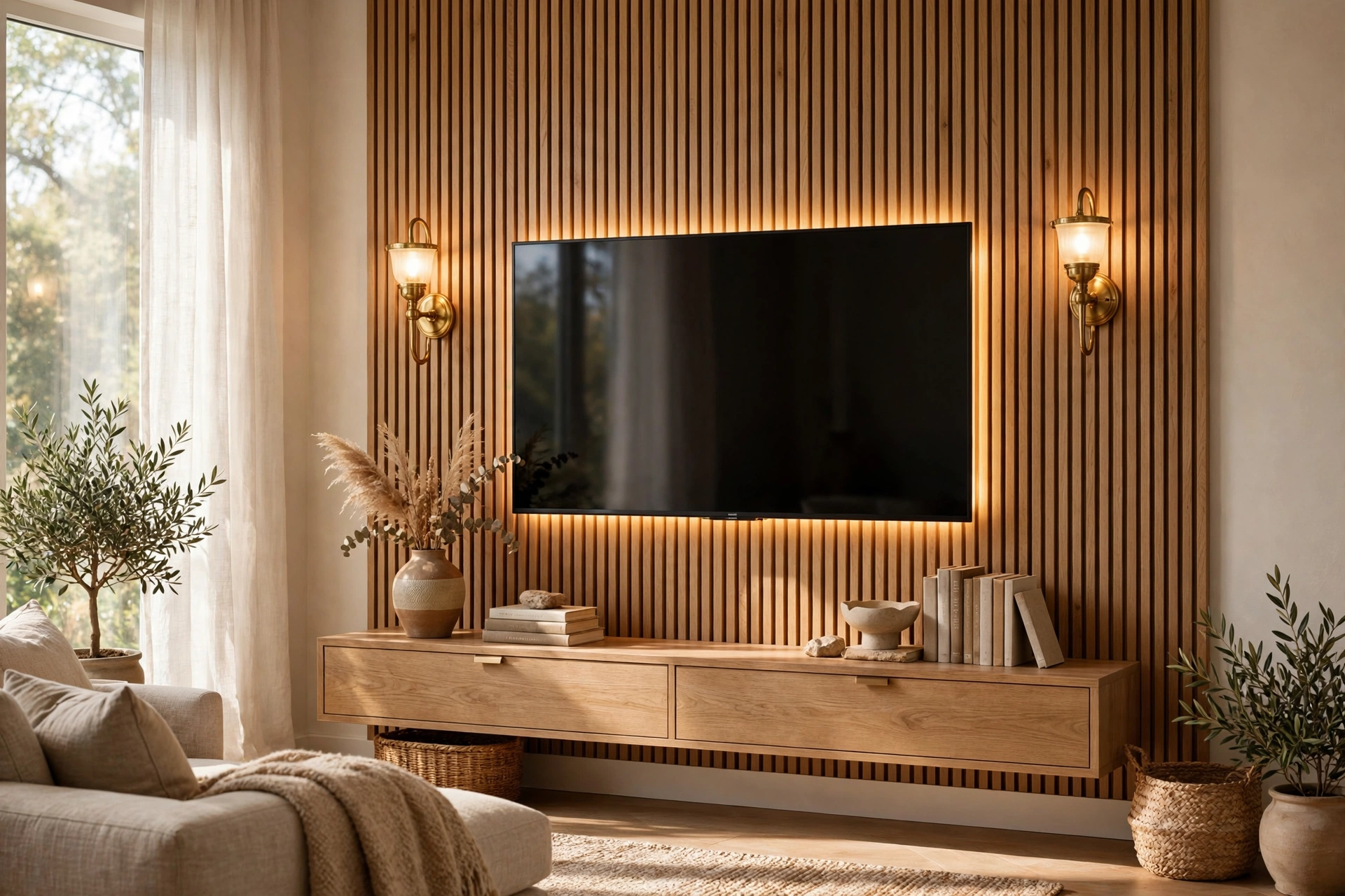 TV Wall With Brass Sconces And Warm LED Backlight