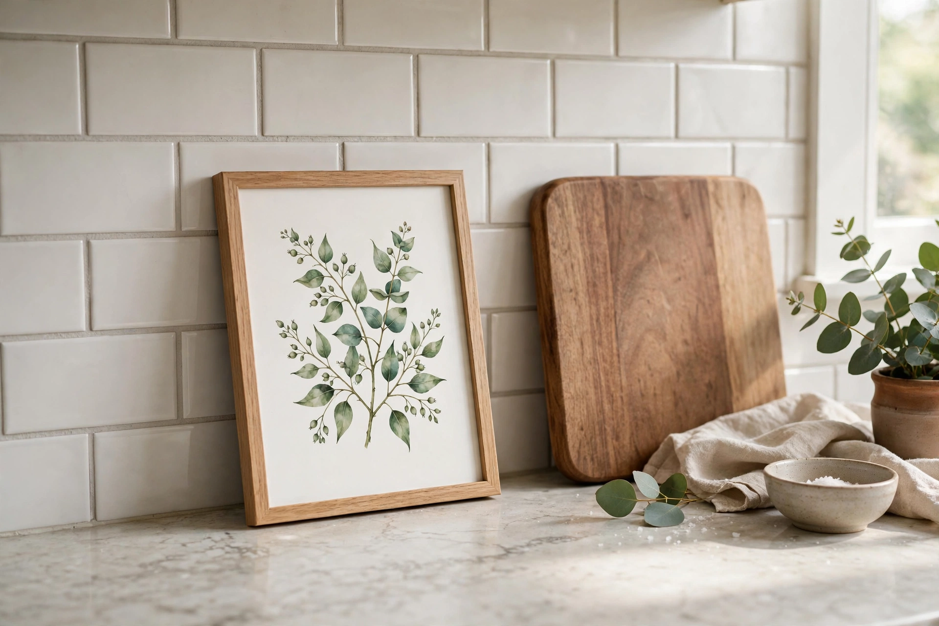 Framed Art Leaned Against Kitchen Backsplash