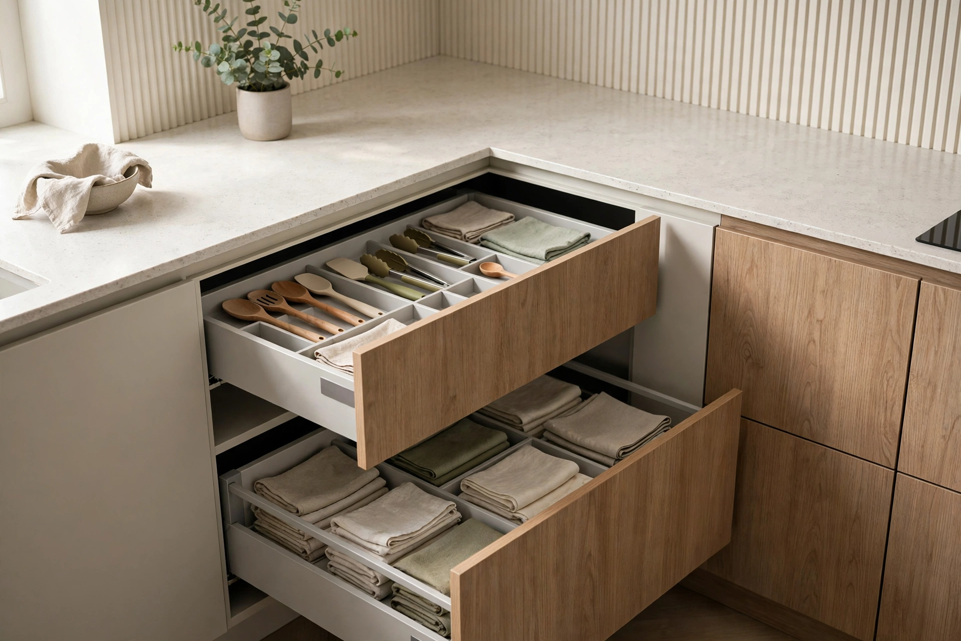 Corner Drawer System Pulling Out From Kitchen Corner
