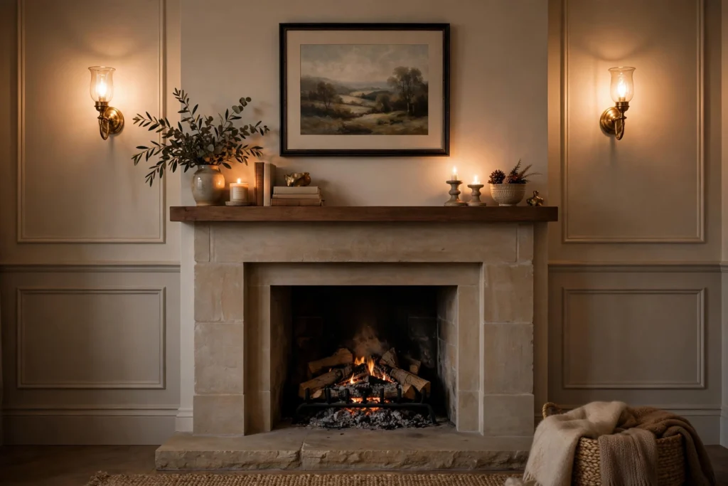 Wall Sconces Framing A Fireplace And Artwork
