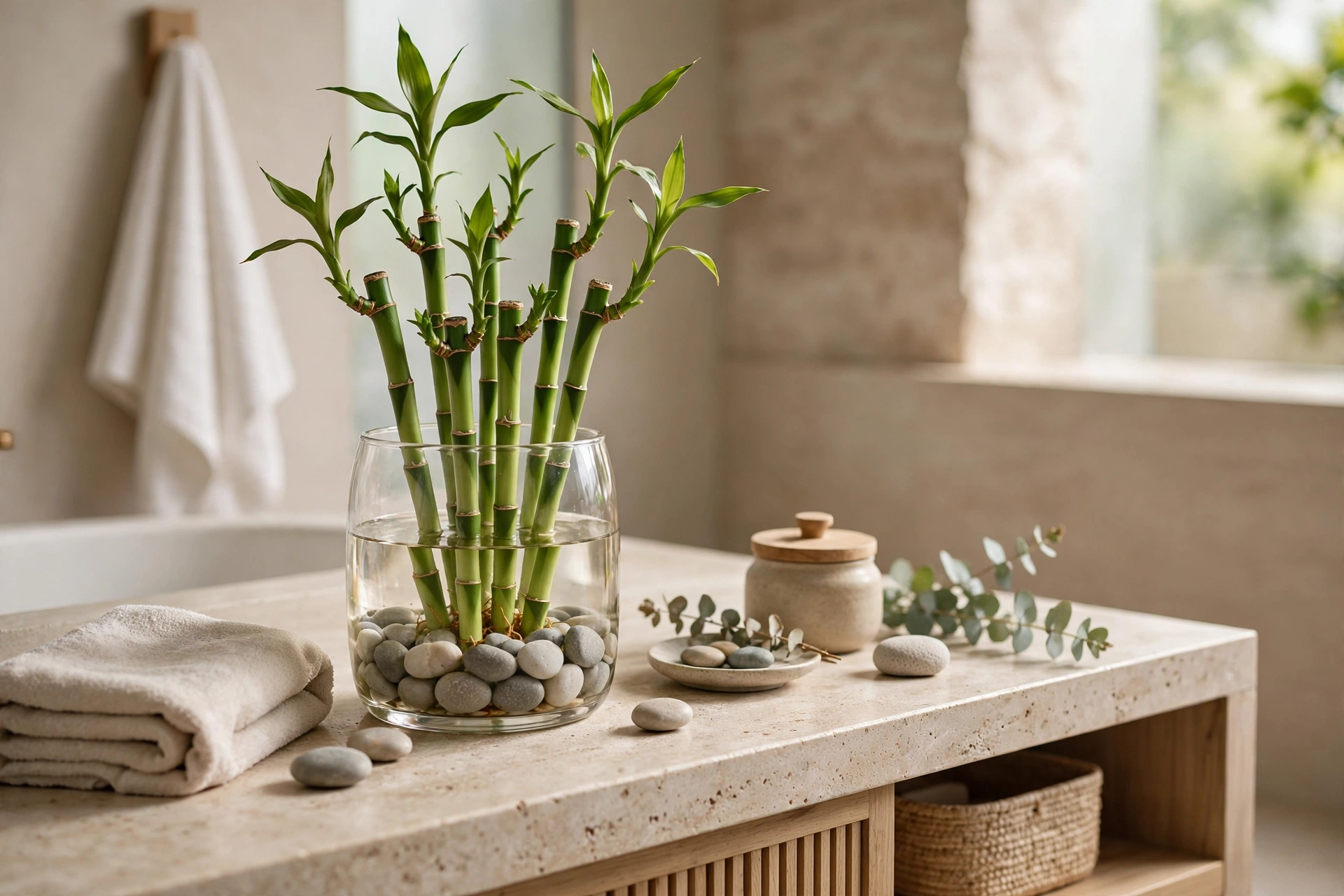 Lucky Bamboo Growing In Glass Vase In Bathroom