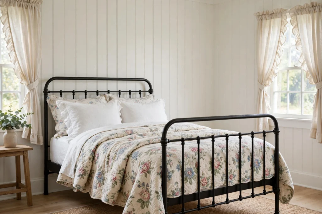 White beadboard paneled walls behind a cottage bed with floral quilt