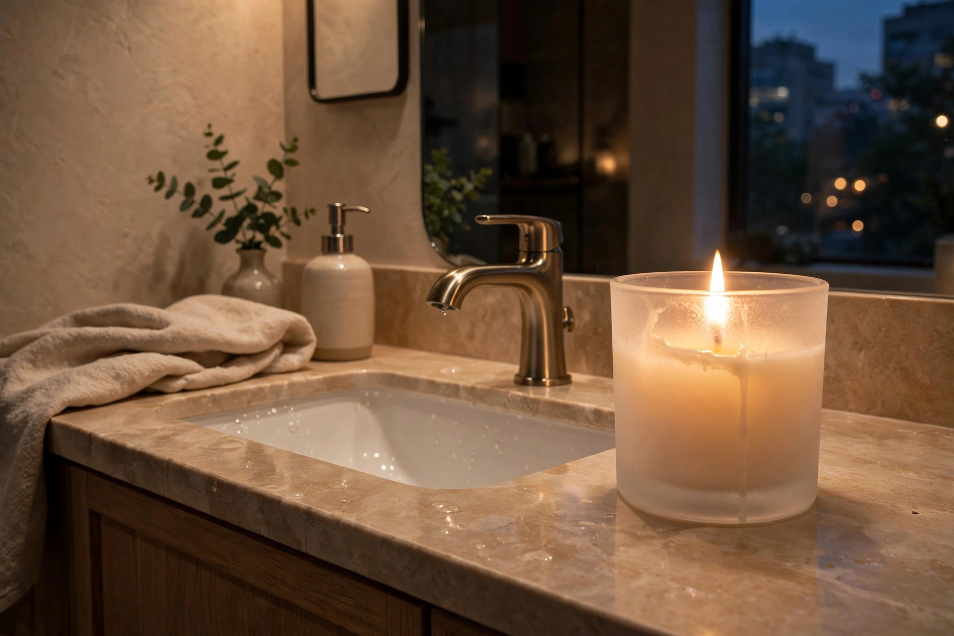 Candle For Ambiance By Bathroom Sink