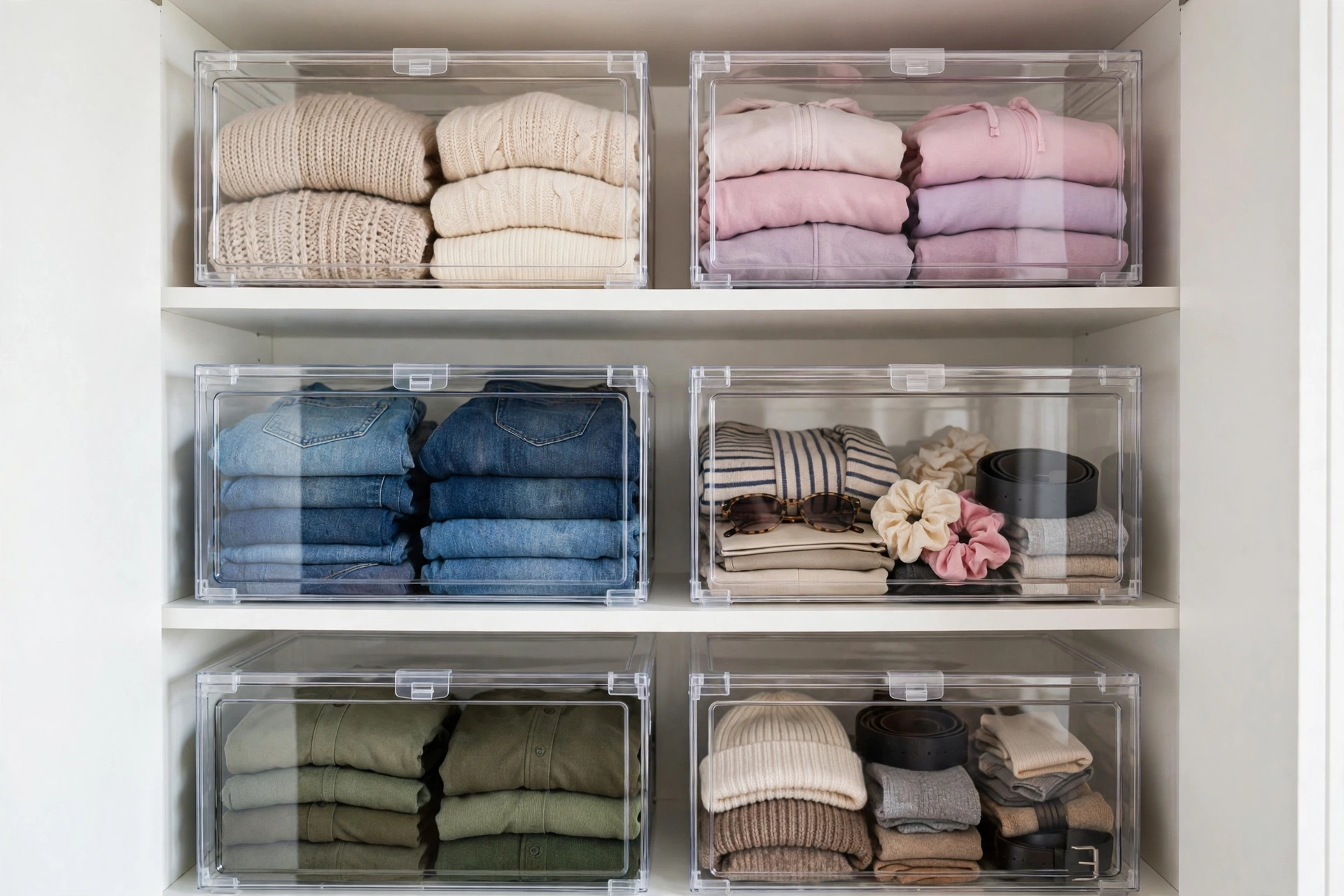 Clear Storage Boxes Showing Contents On Closet Shelves