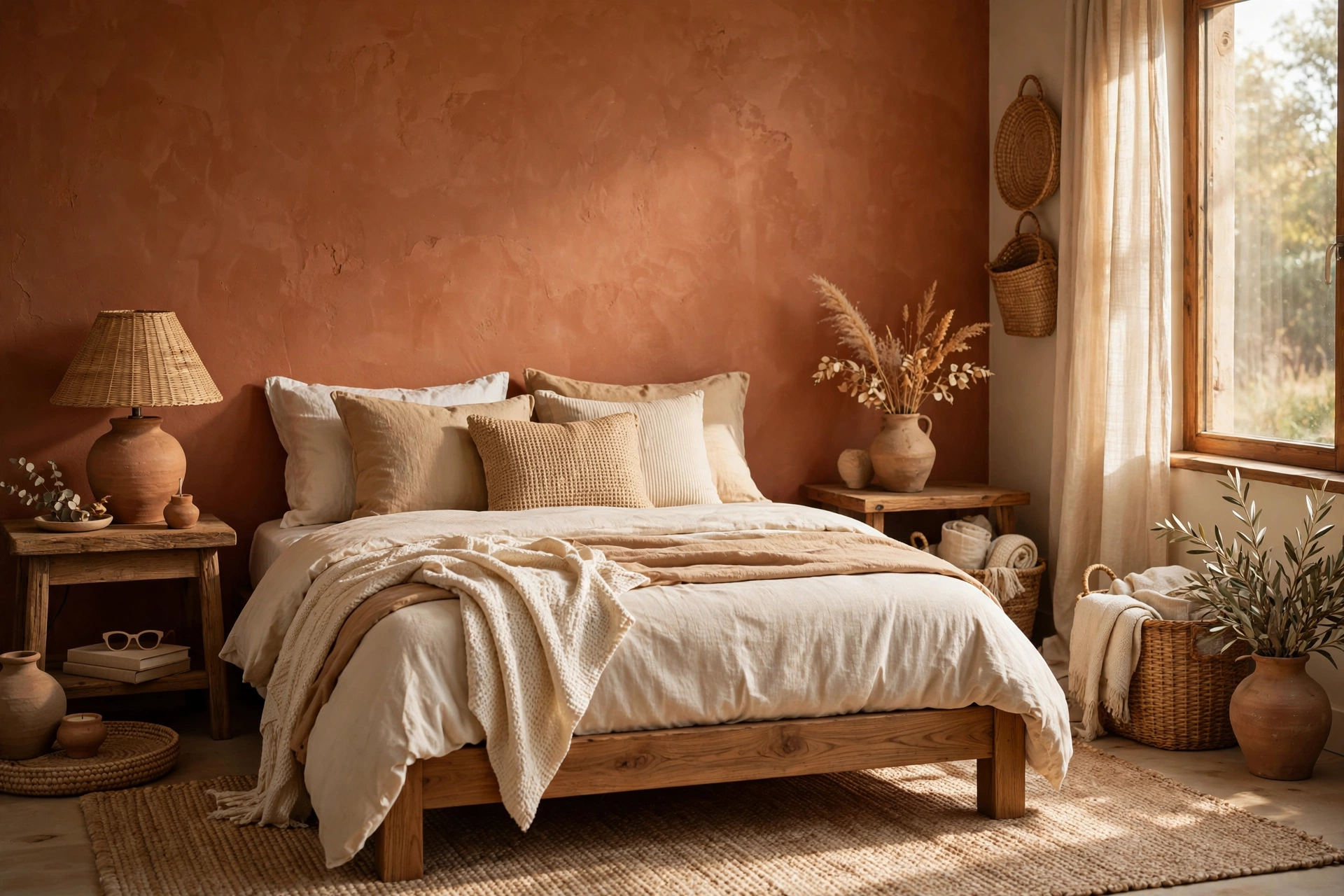 Warm Earthy Bedroom With Terracotta Accent Wall