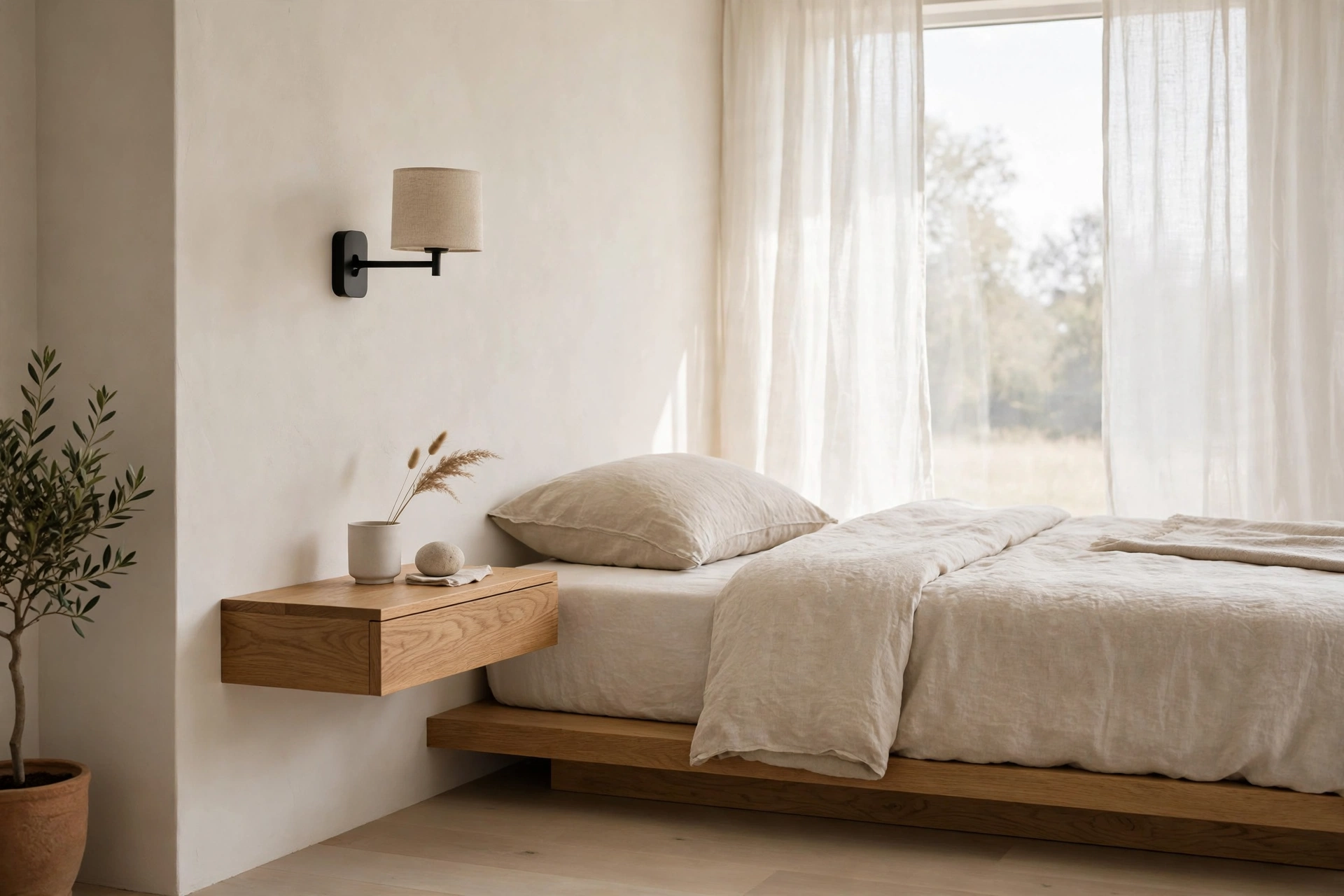 Floating Shelf Nightstand In A Minimalist Bedroom
