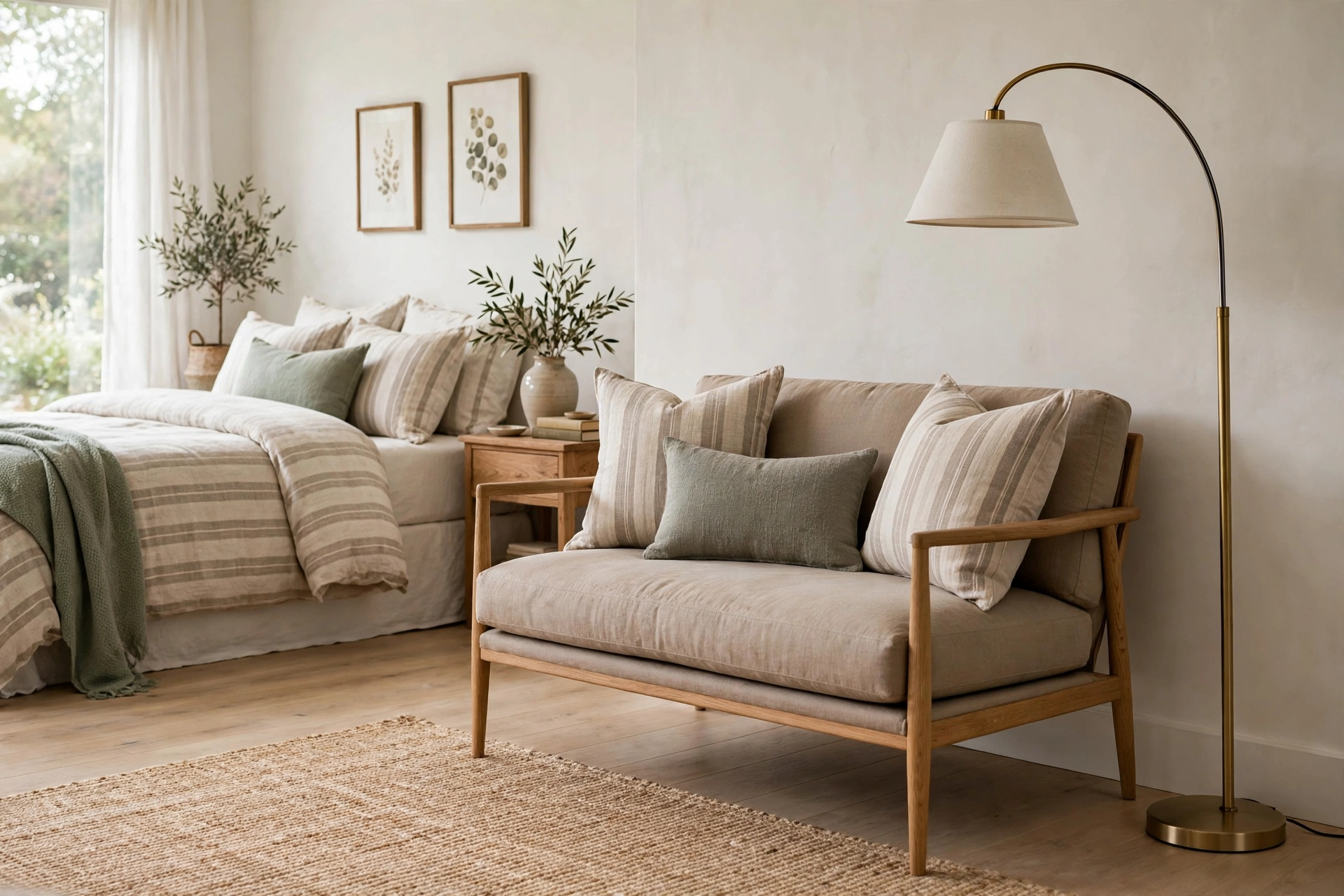 Small Loveseat Against Bedroom Wall With Floor Lamp