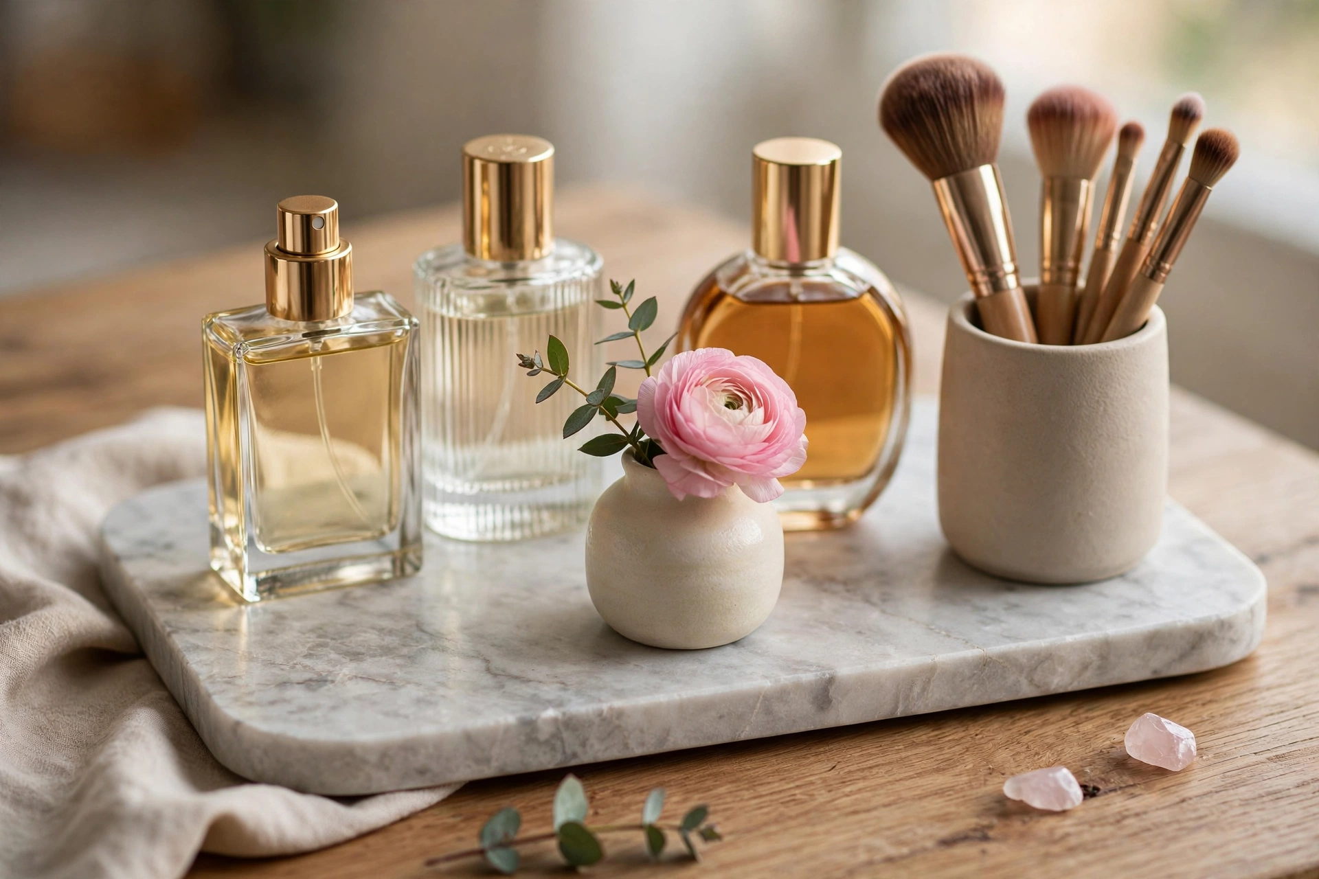 Marble Tray With Daily Essentials On Vanity